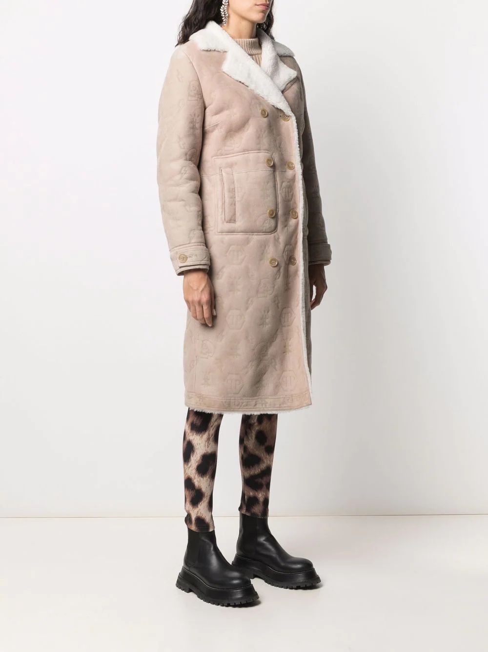 monogram-embossed long shearling coat - 3