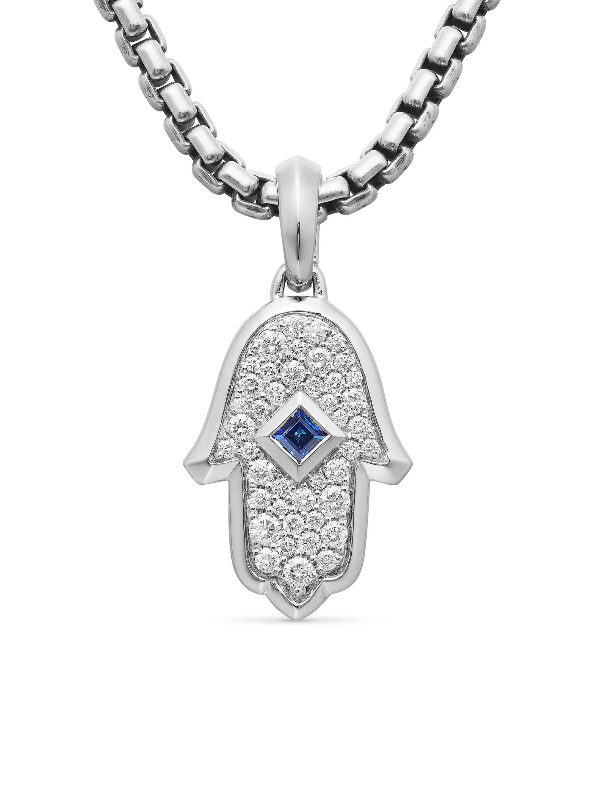 Women's Hamsa Amulet in 18K White Gold with Pavé Diamonds and Sapphire, 26MM - Light Blue Sapphire - 1