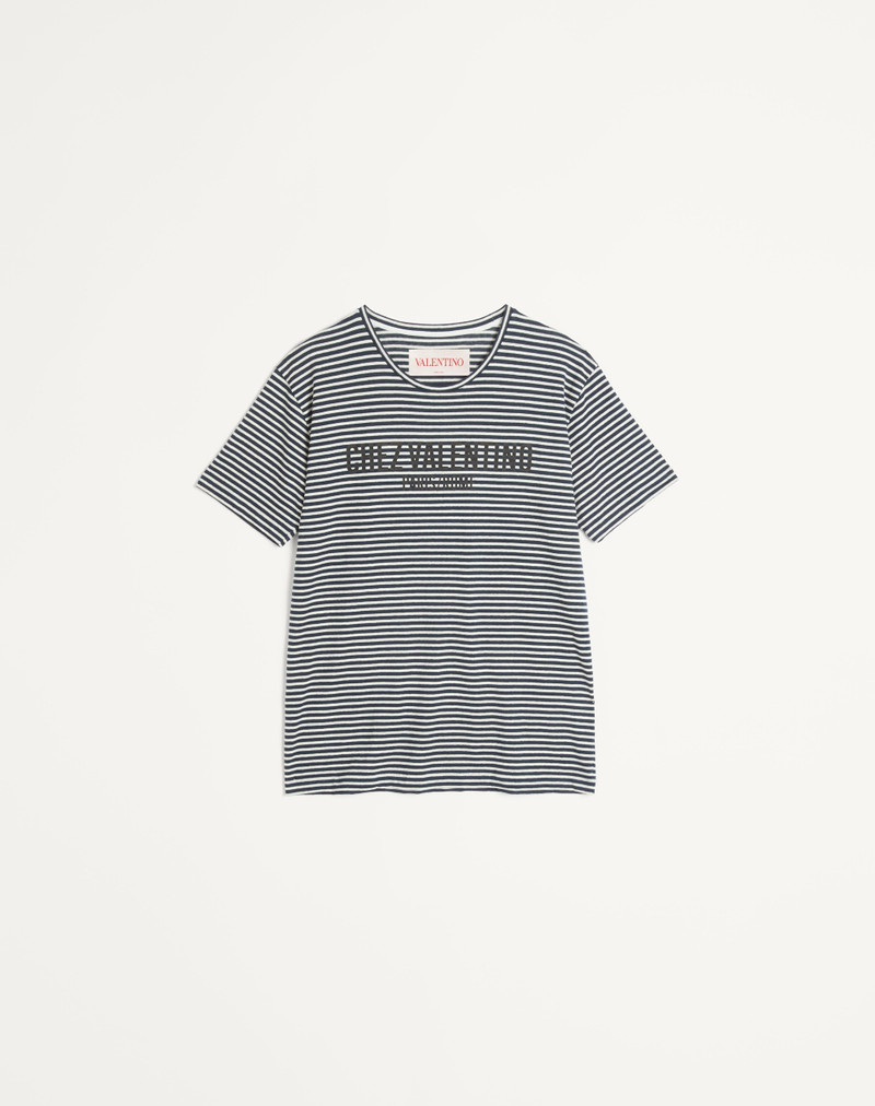 STRIPED COTTON T-SHIRT WITH CHEZ VALENTINO PRINT 1