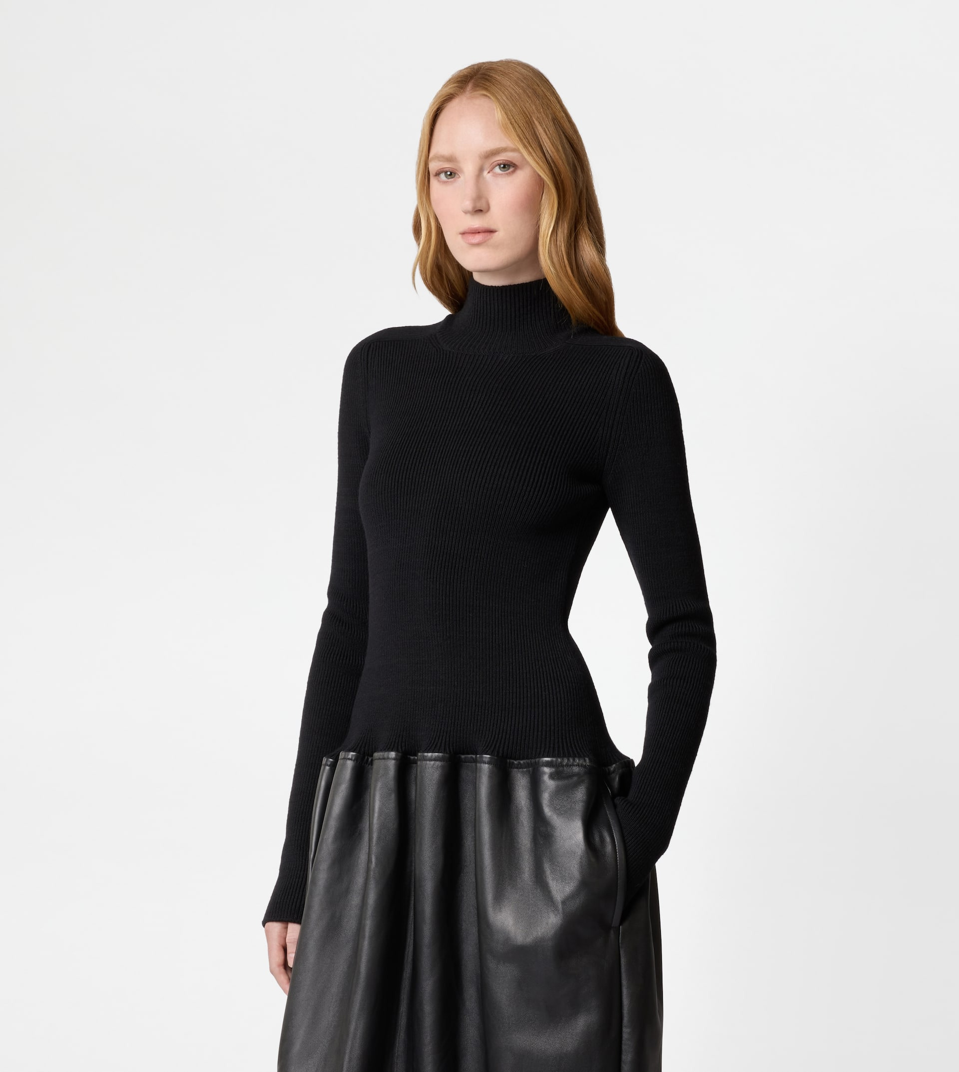DRESS IN WOOL AND LEATHER - BLACK - 4