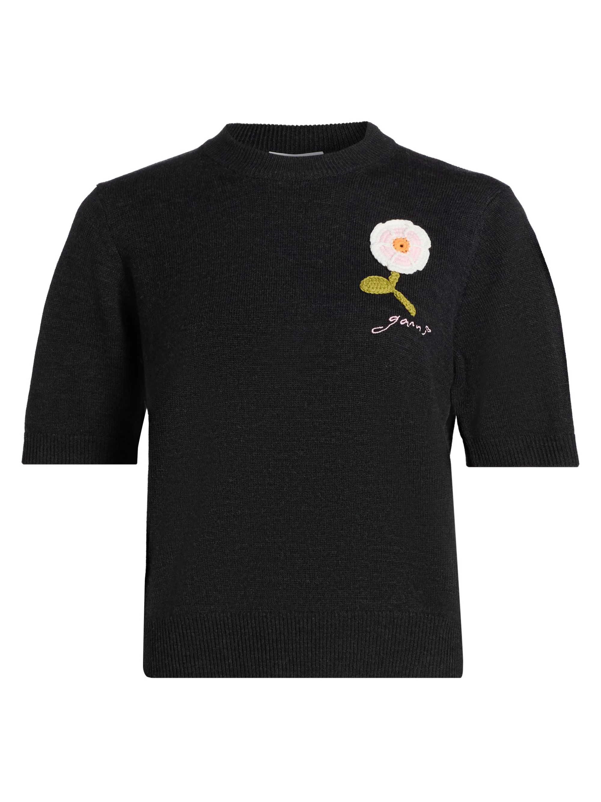 Women's Floral Crochet Wool-Cotton T-Shirt - Phantom - 1