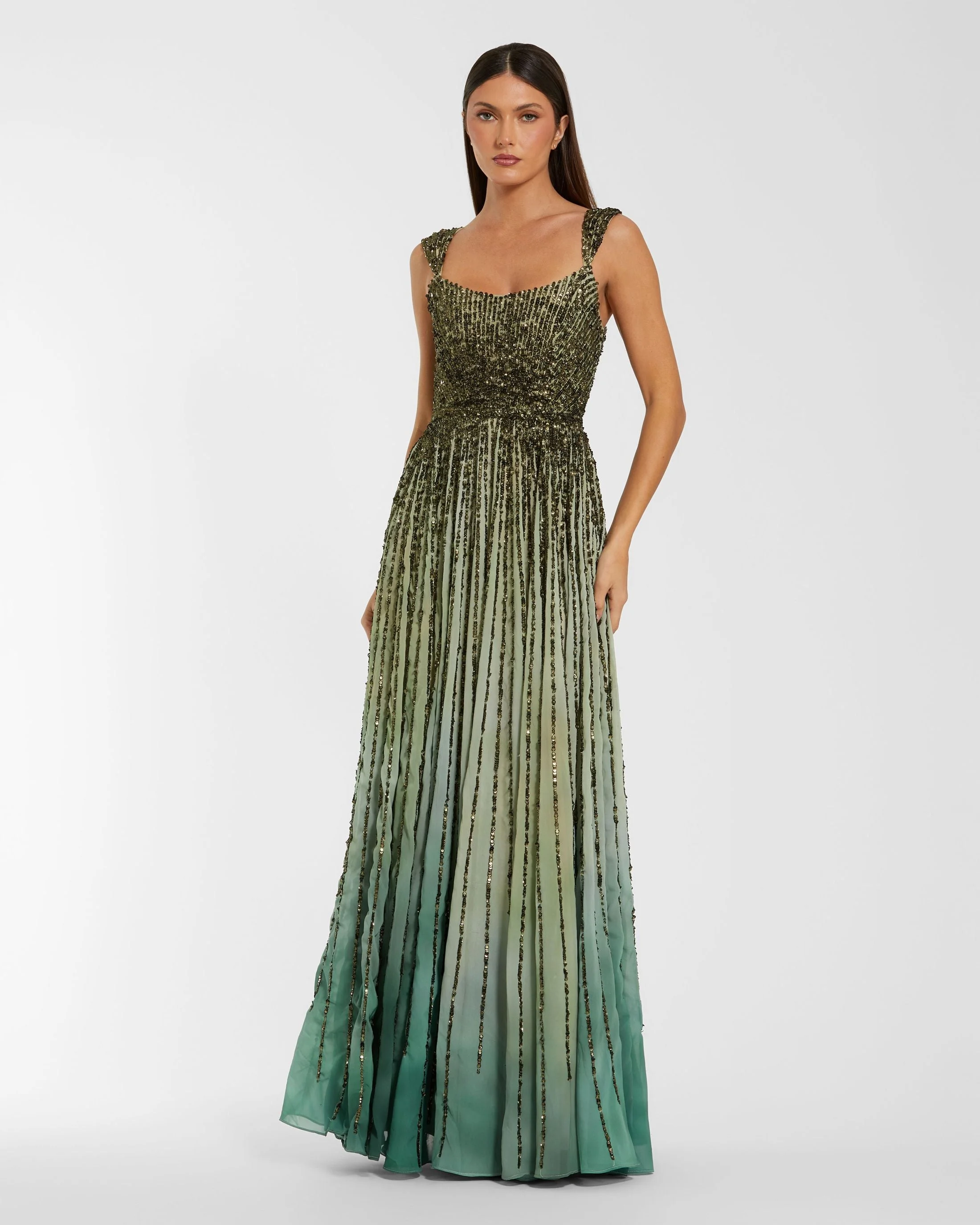 Green Sleeveless Sequin A Line Ombre Gown - 1