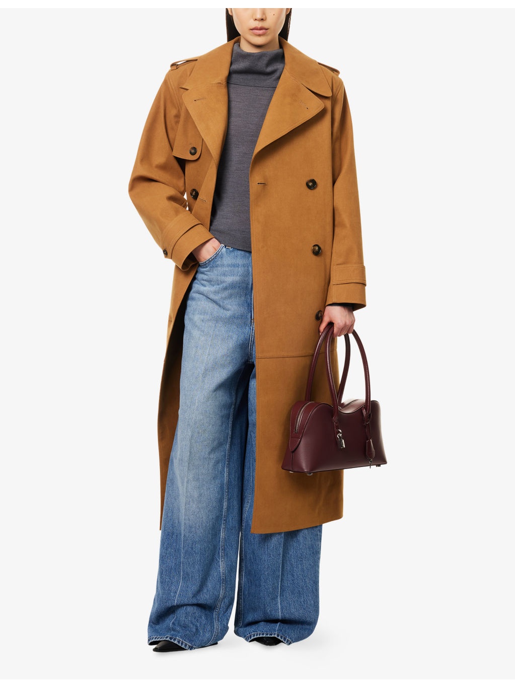Double-Breasted Belted Suede Trench Coat - 2