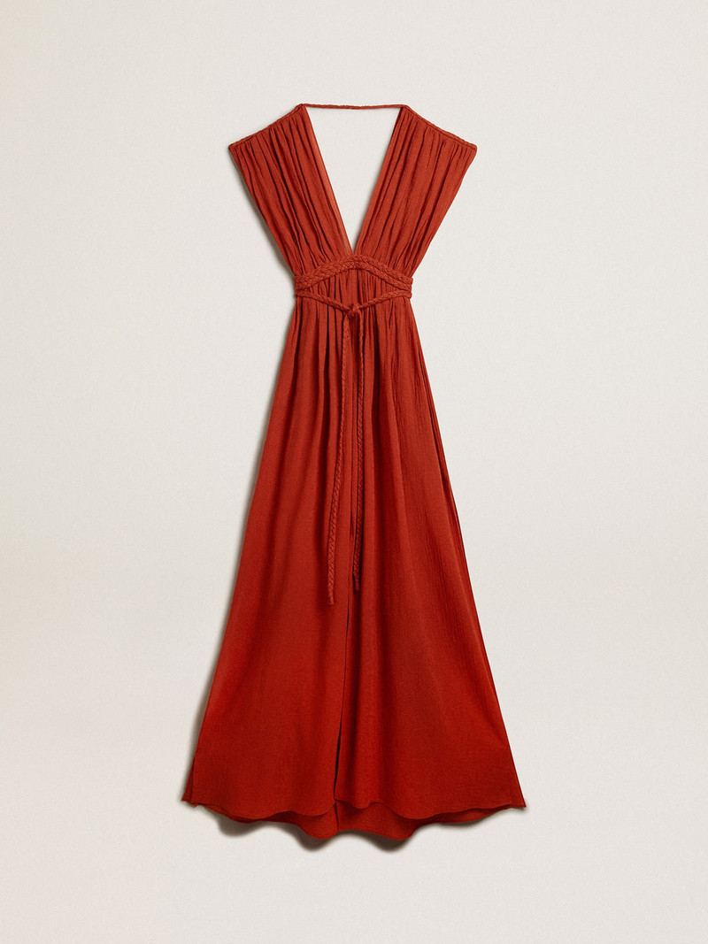 Kaftan dress in coral-red jacquard cotton 1