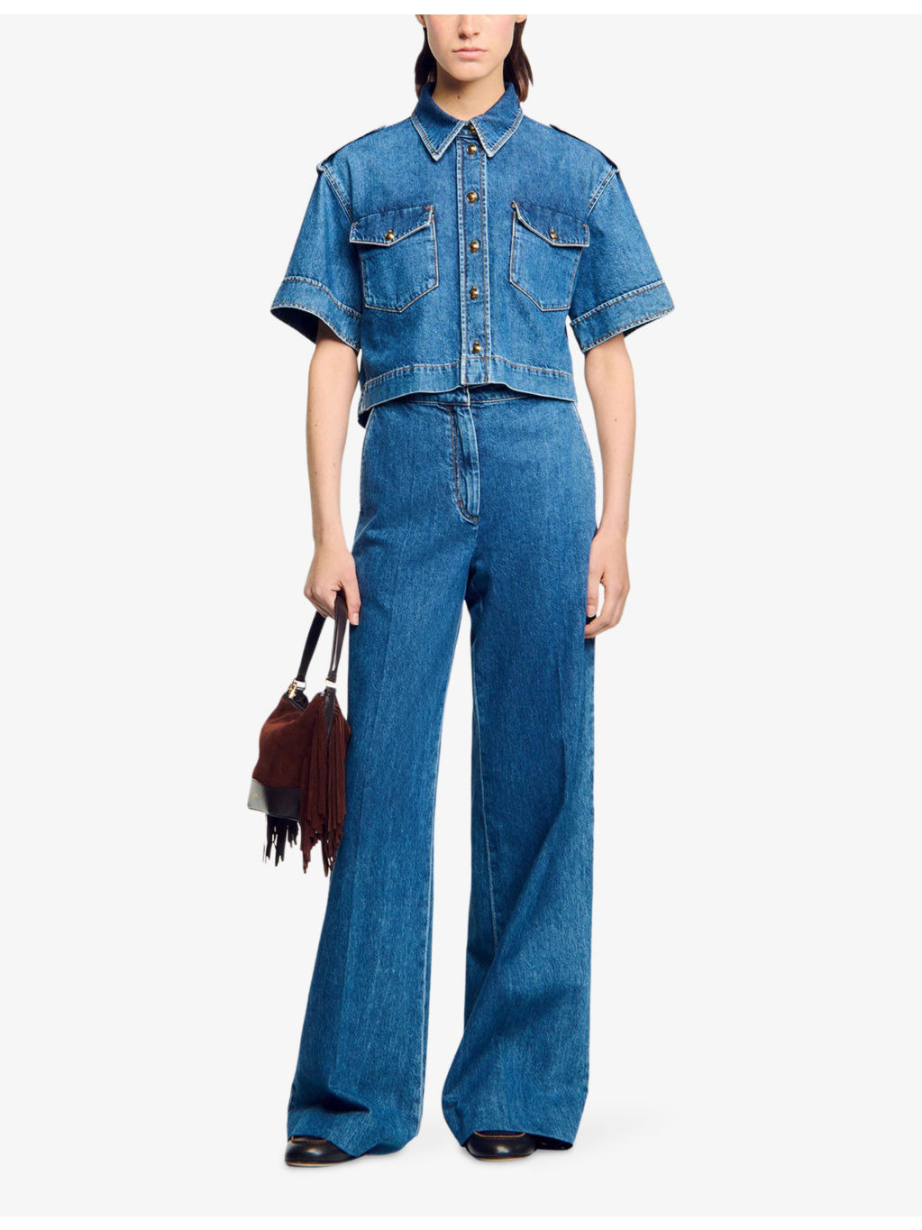 Cropped Chest-Pocket Denim Shirt - 2