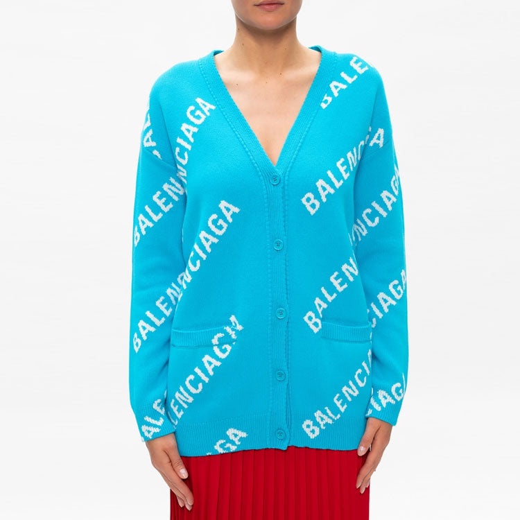 (WMNS) Balenciaga Logo Monogram Cardigan Relaxed Fit 'Blue' 625330T31784661 - 4