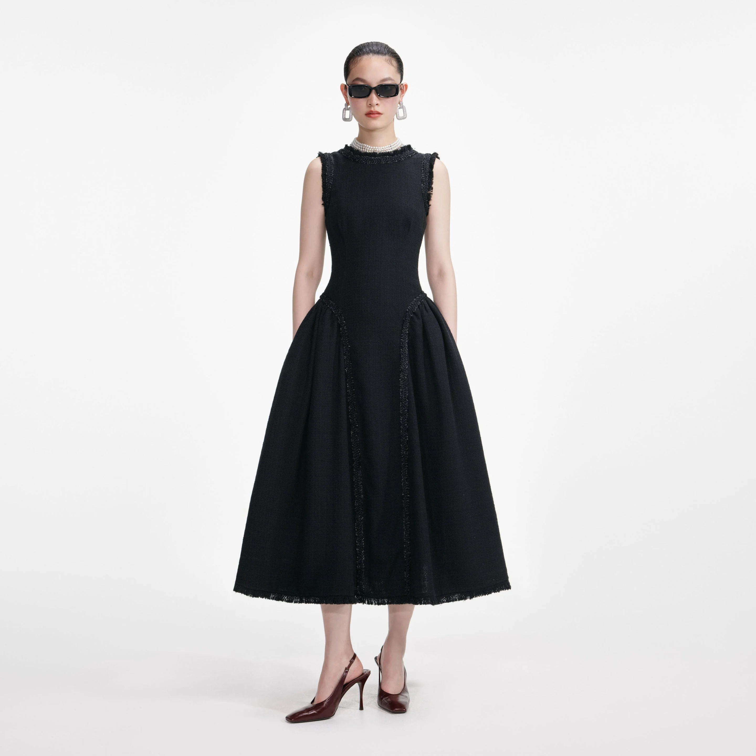 Black Boucle Sleeveless Midi Dress - 1