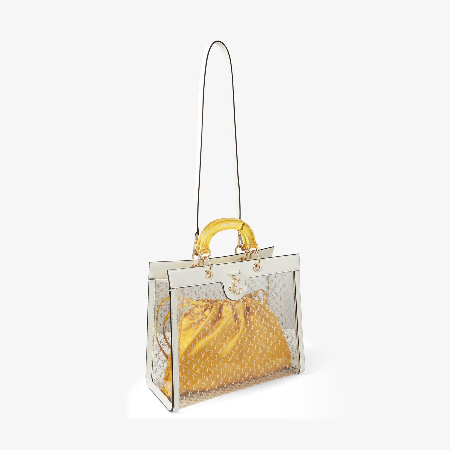 Varenne Top Handle Tote
Latte Leather Tote Bag with Yellow Plexi Handle - 2