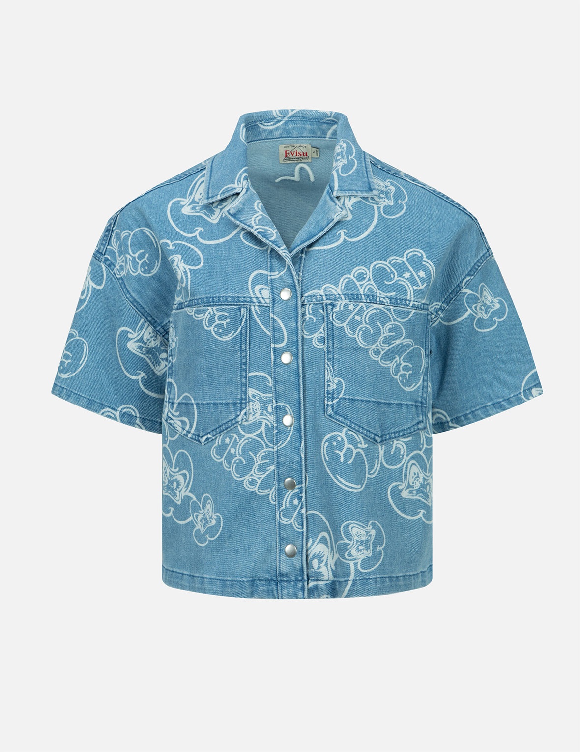 ALLOVER GRAFFITI DARUMA AND LOGO DISCHARGED-PRINT DENIM SHIRT - 1