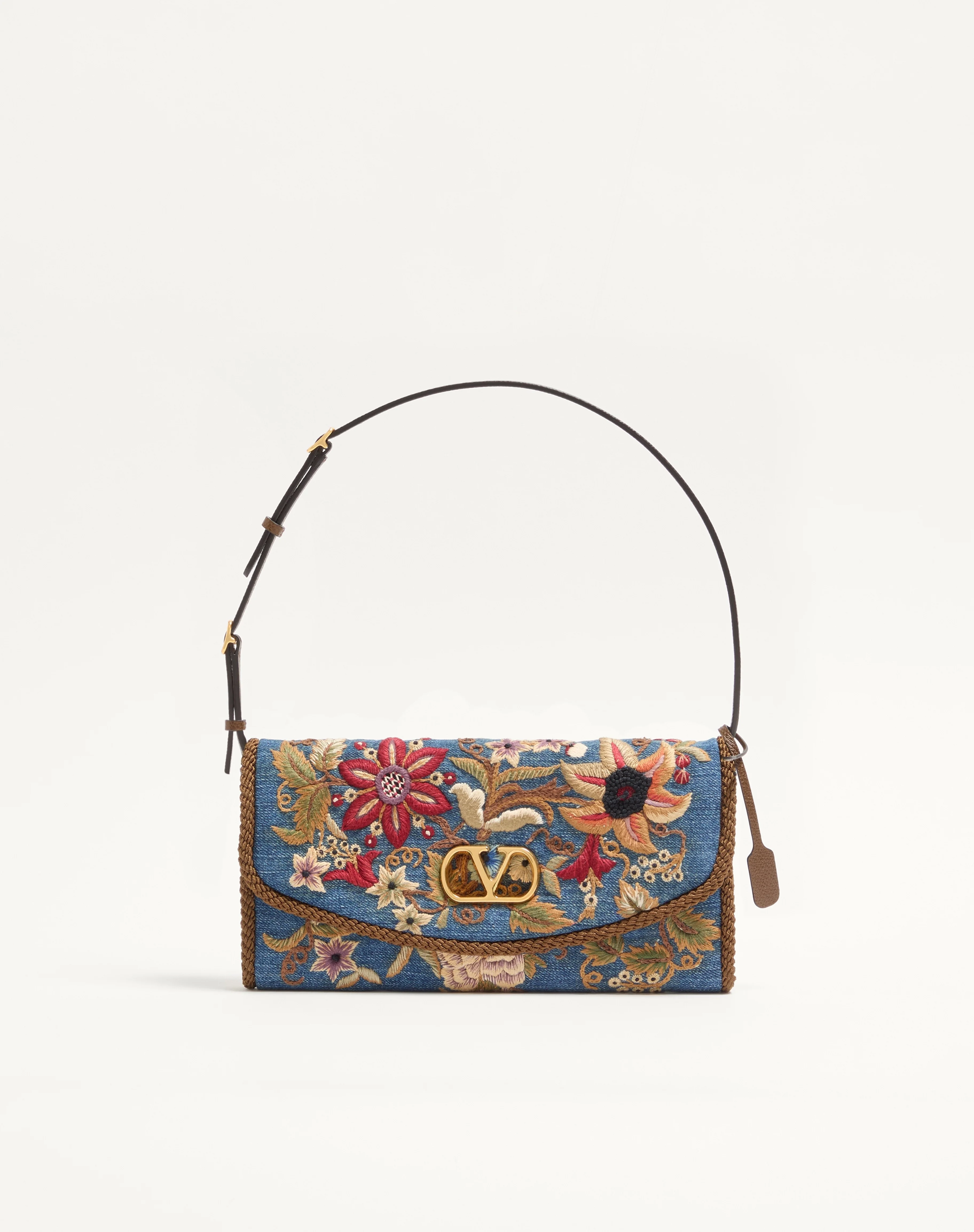 VALENTINO GARAVANI DEVAIN SMALL EMBROIDERED DENIM SHOULDER BAG - 1