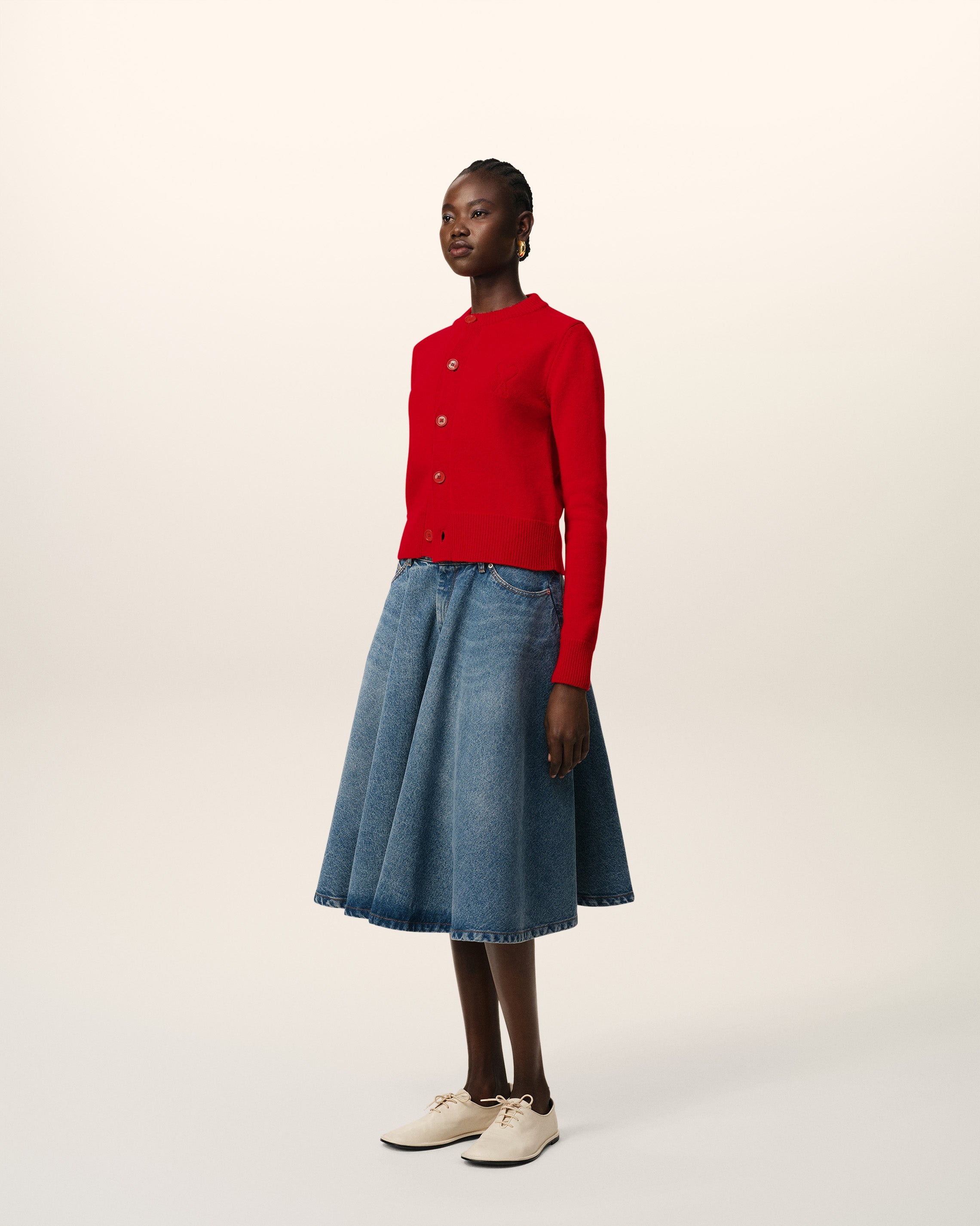 RED WOOL KNIT AMI DE COEUR CREWNECK CARDIGAN - 6