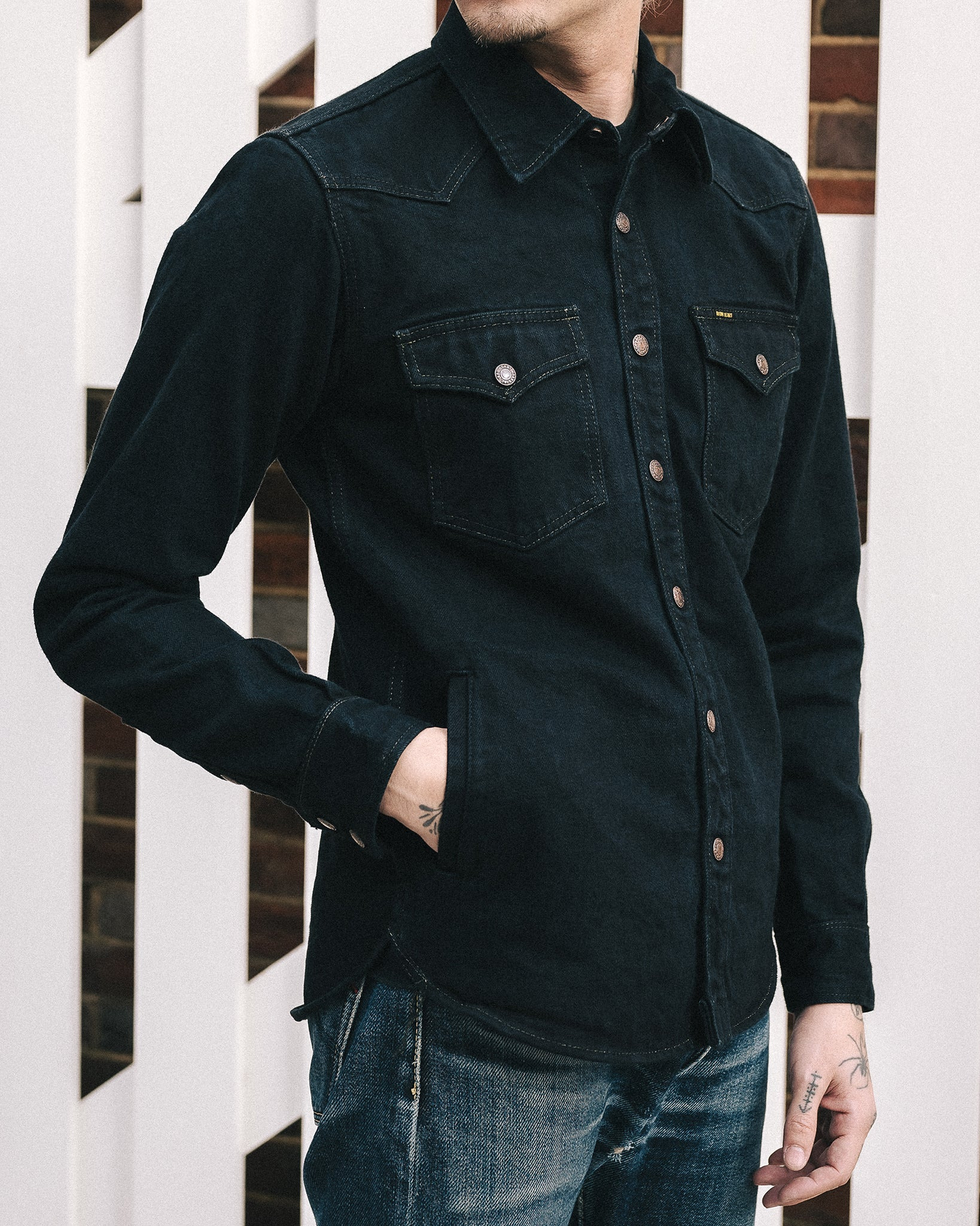 IHSH-293-OD 18oz Vintage Selvedge Denim CPO Shirt - Indigo Overdyed Black - 4