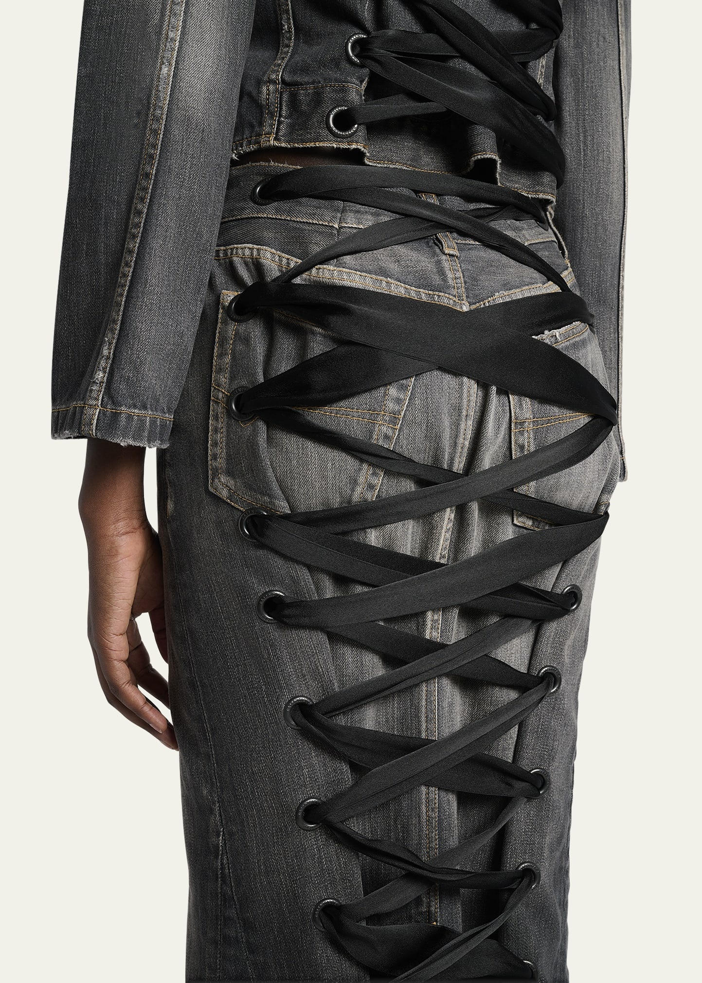 Lace-Up Denim Midi Skirt - 5