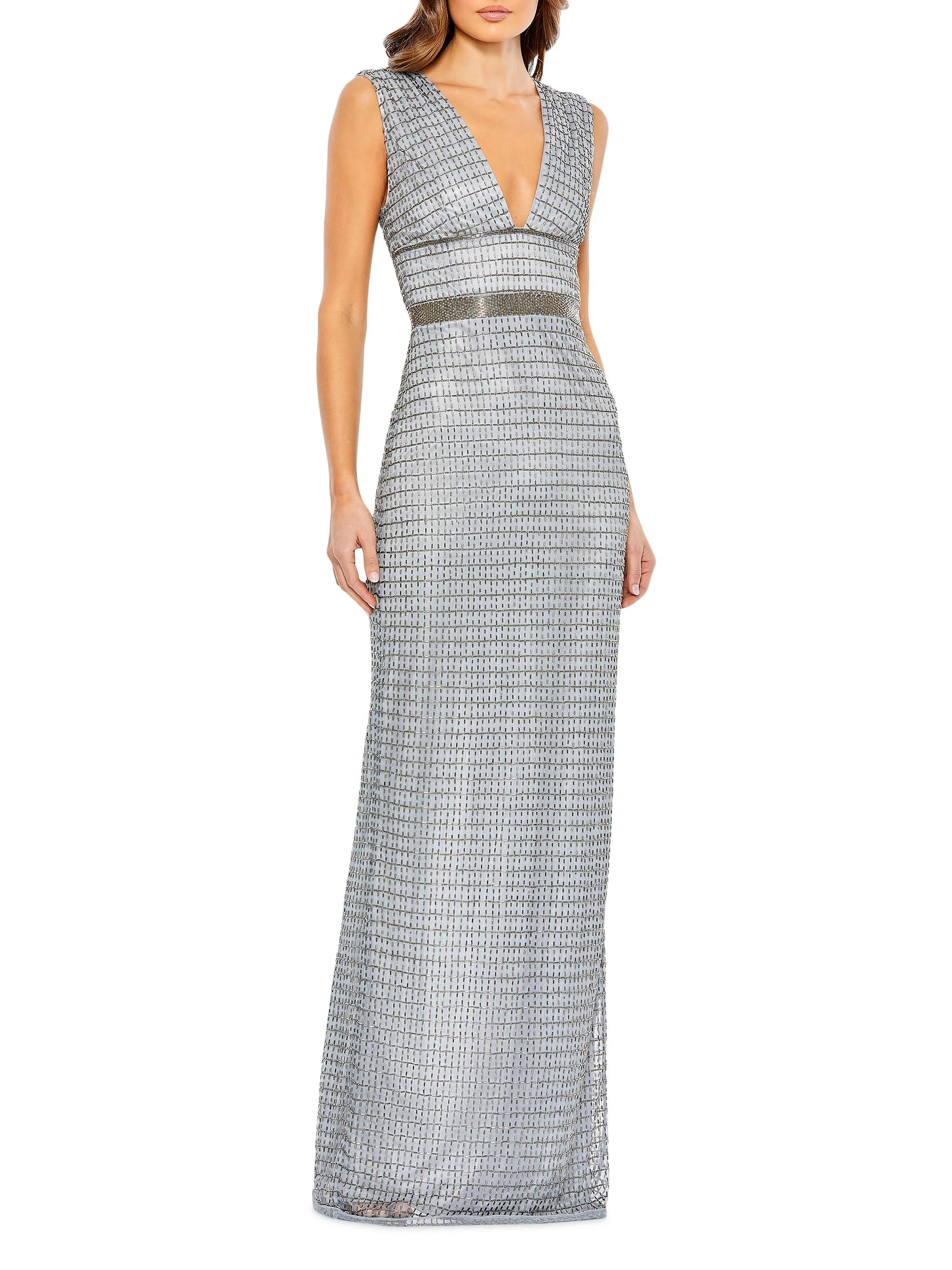 Women's Beaded V-Neck Column Gown - Silver - 1