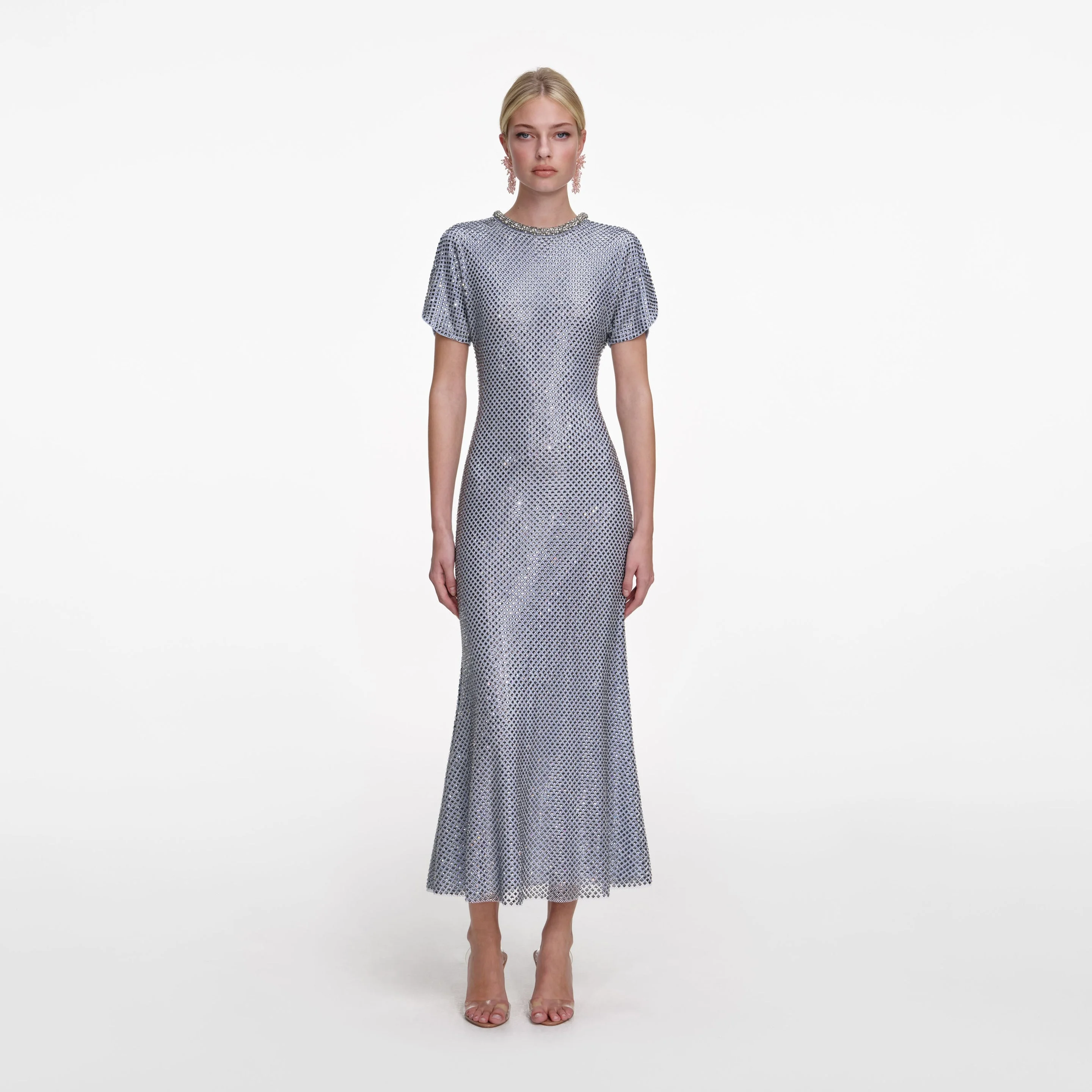 Blue Rhinestone Mesh Midi Dress - 1