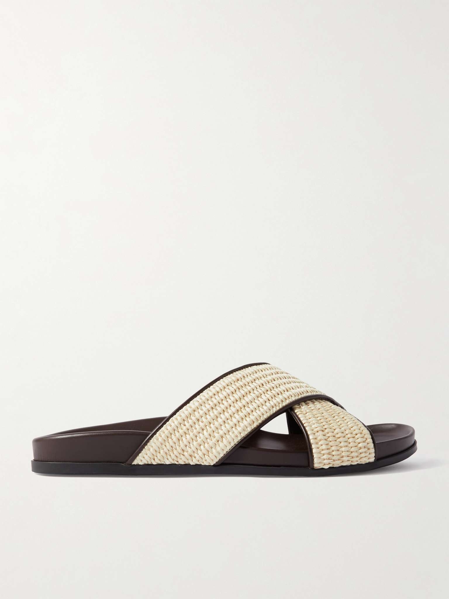 【Manolo Blahnik】チルターンレザートリムのラフィアスライド Manolo Blahnik Chiltern Leather-Trimmed Raffia Sandals