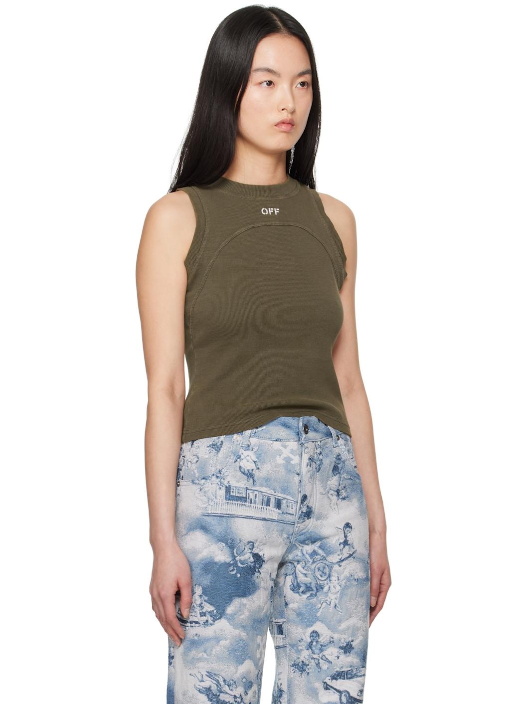 Green Off Stamp Rib Round Tank Top - 2