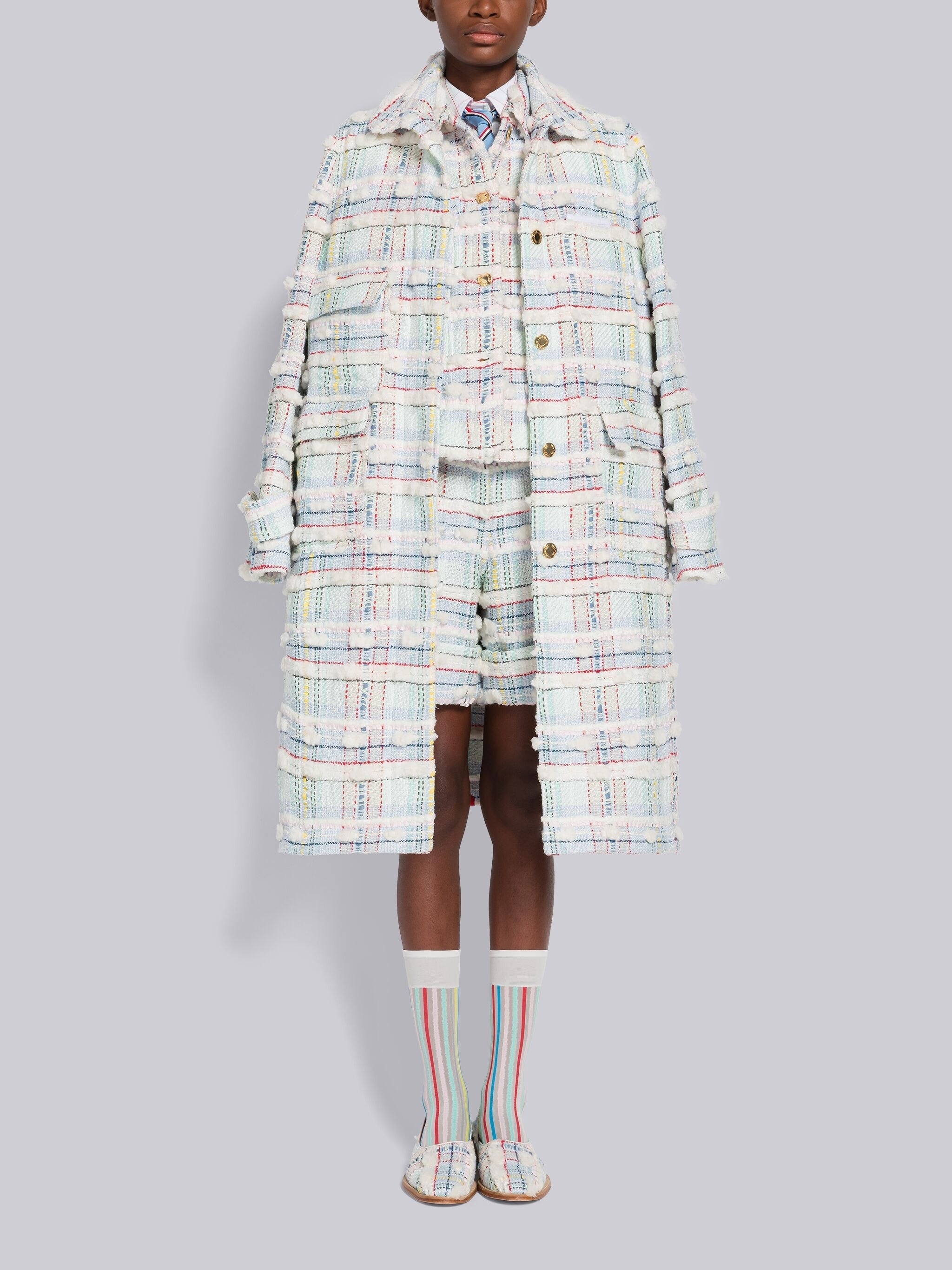 Madras Pouf Tweed Round Collar Utility Coat - 4
