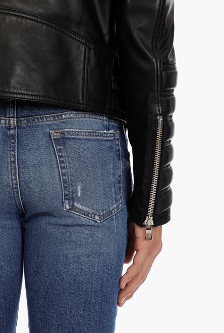 Black leather biker jacket with embossed Balmain logo - 5