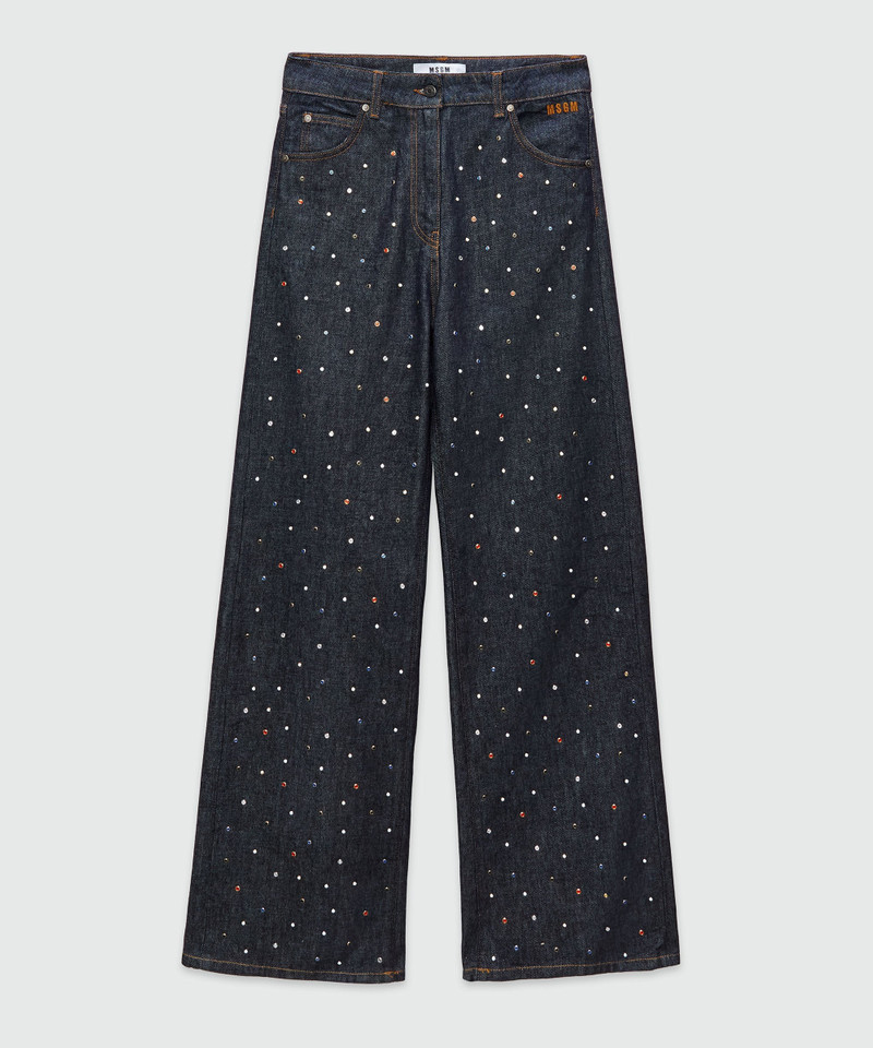 Wide-leg dark blue denim pants with studs 1