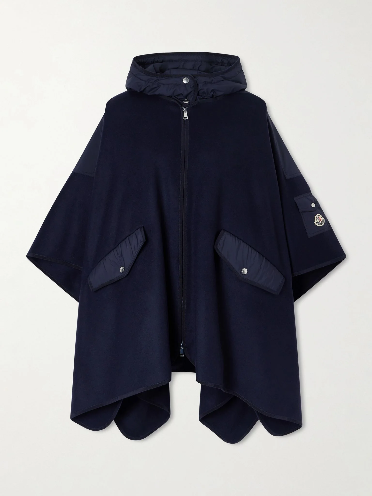 Hooded appliquéd shell-trimmed wool-blend cape Navy - 1