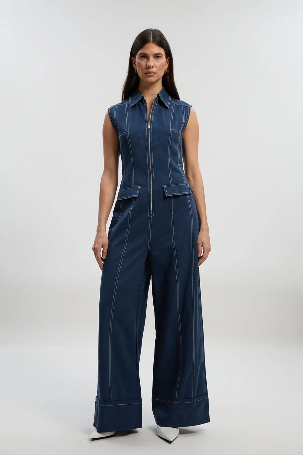 Petite Tencel Cotton Contrast Stitch Zip Front Woven Jumpsuit - 1