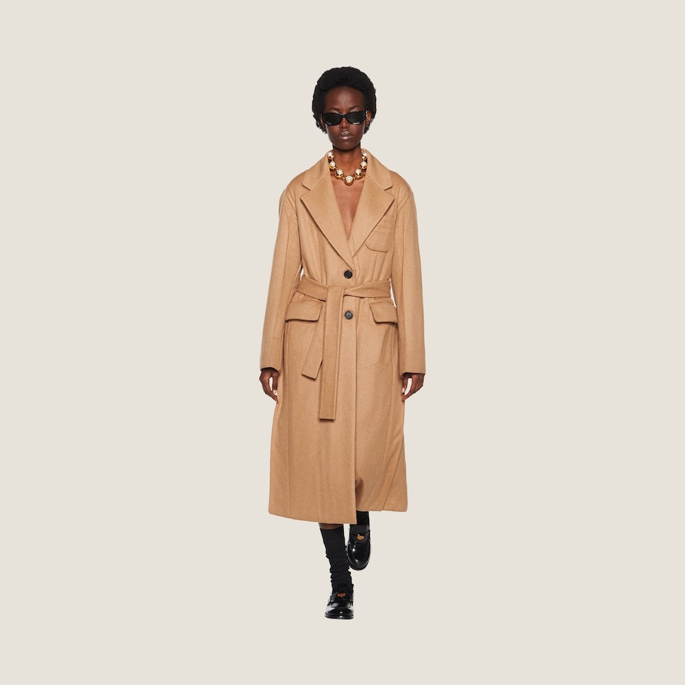 MIU MIU | CAMEL HAIR DOUBLE-BREASTED COAT コート Miu Miu Logo Embroidered Camel Hair Jacket - Bergdorf Goodman