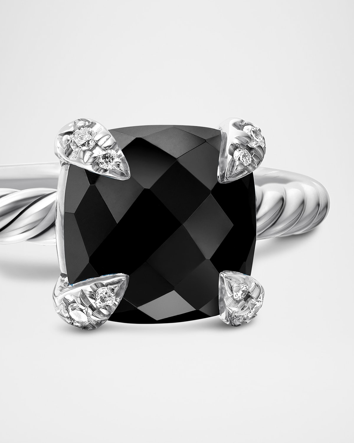 Chatelaine Ring with Black Onyx and Diamonds in Silver, 8mm, Size 10 - 5