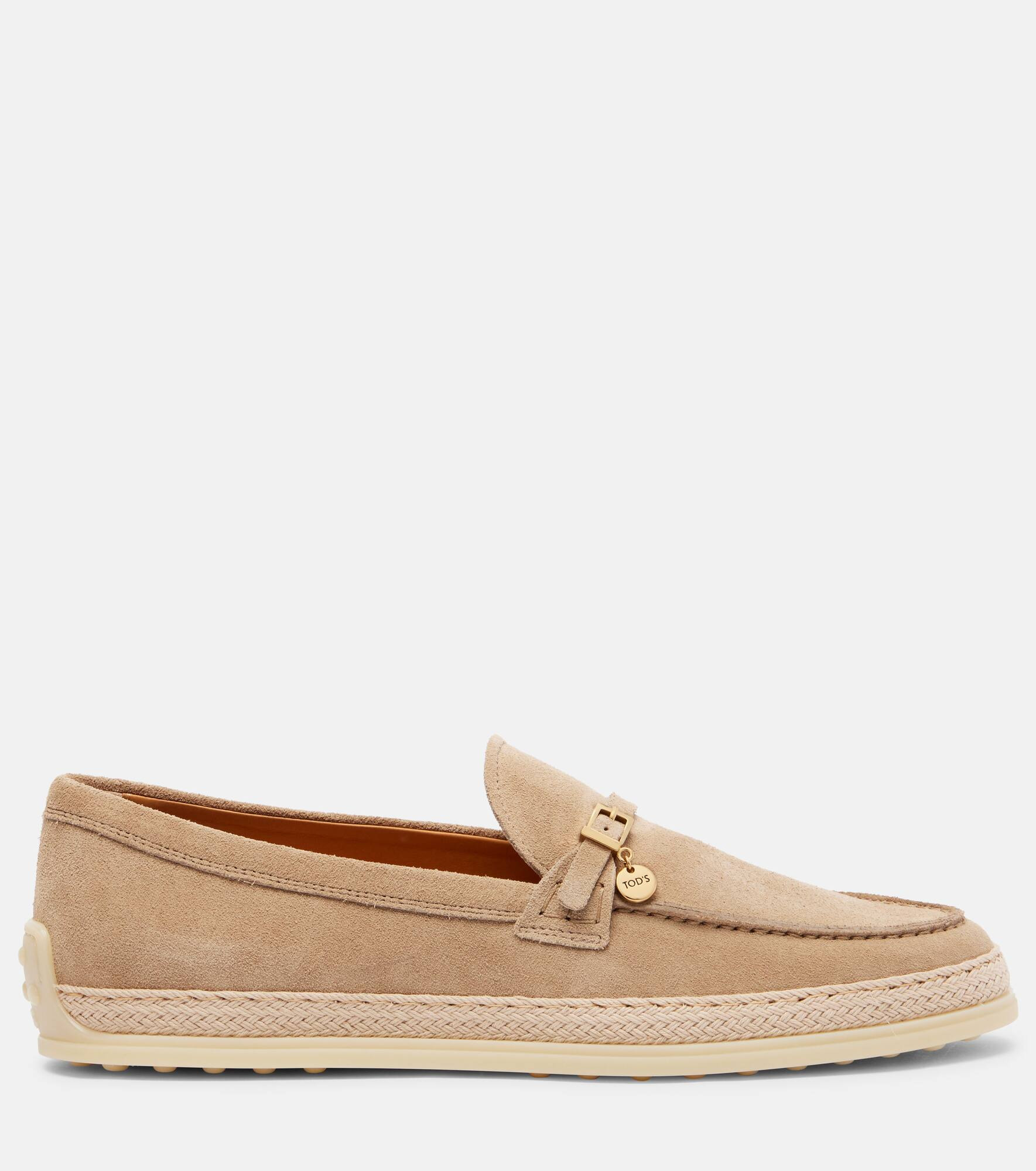 Raffia-trimmed suede loafers - 4