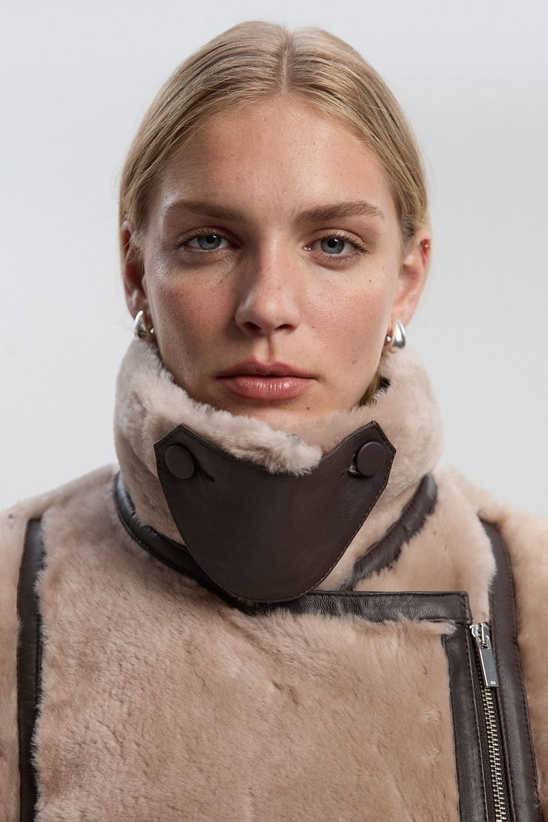 Shearling & Leather Tipped High Neck Coat 1