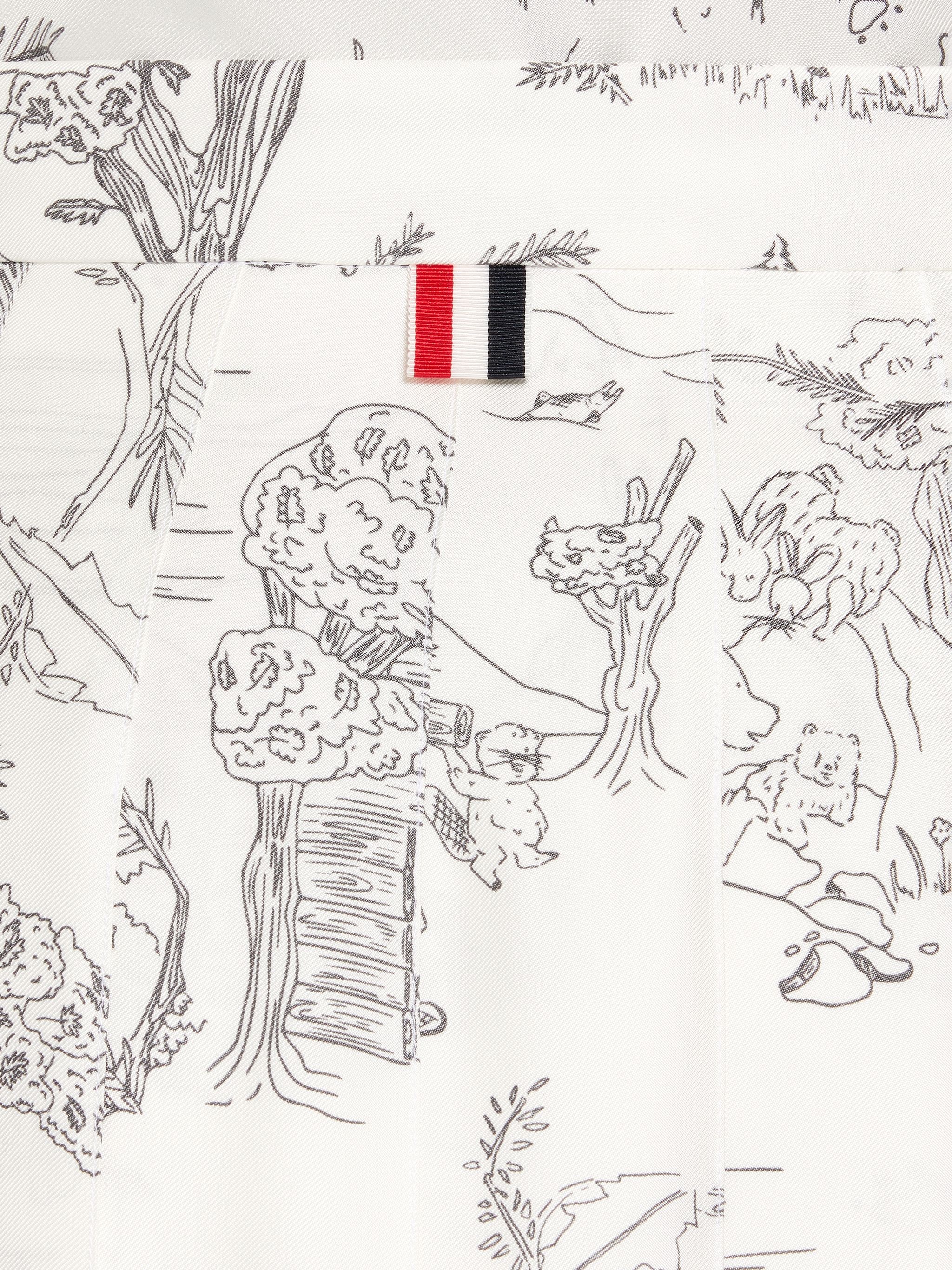 White Silk Twill Animal Camp Toile Dropped Back Pleated Below-the-Knee Skirt - 6