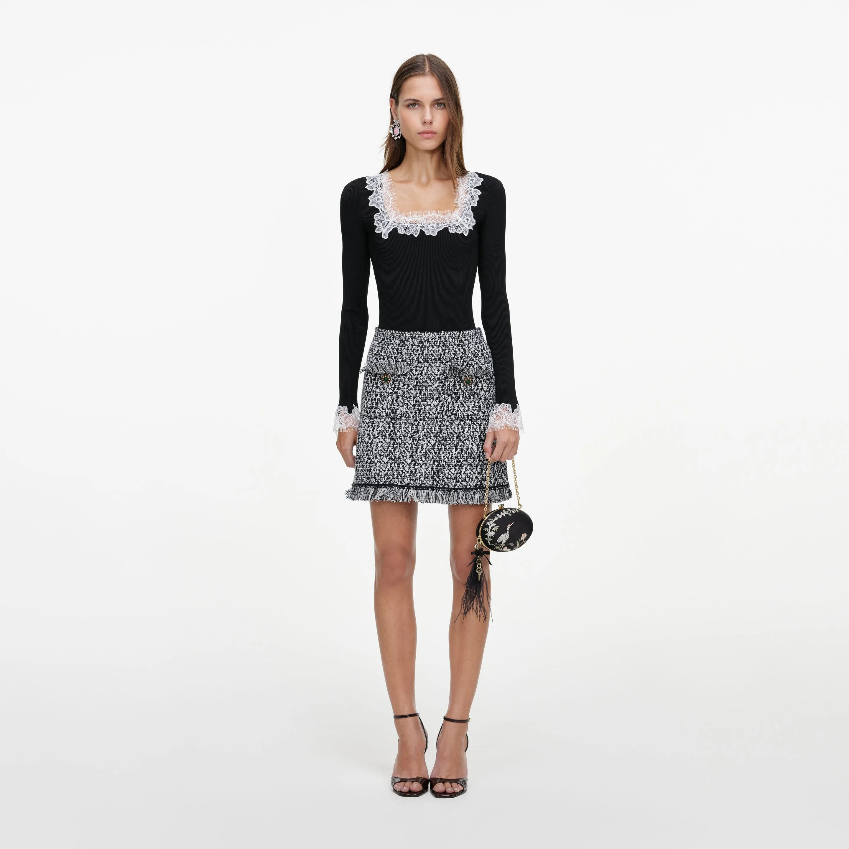 Black And White Textured Knit Mini Skirt - 1