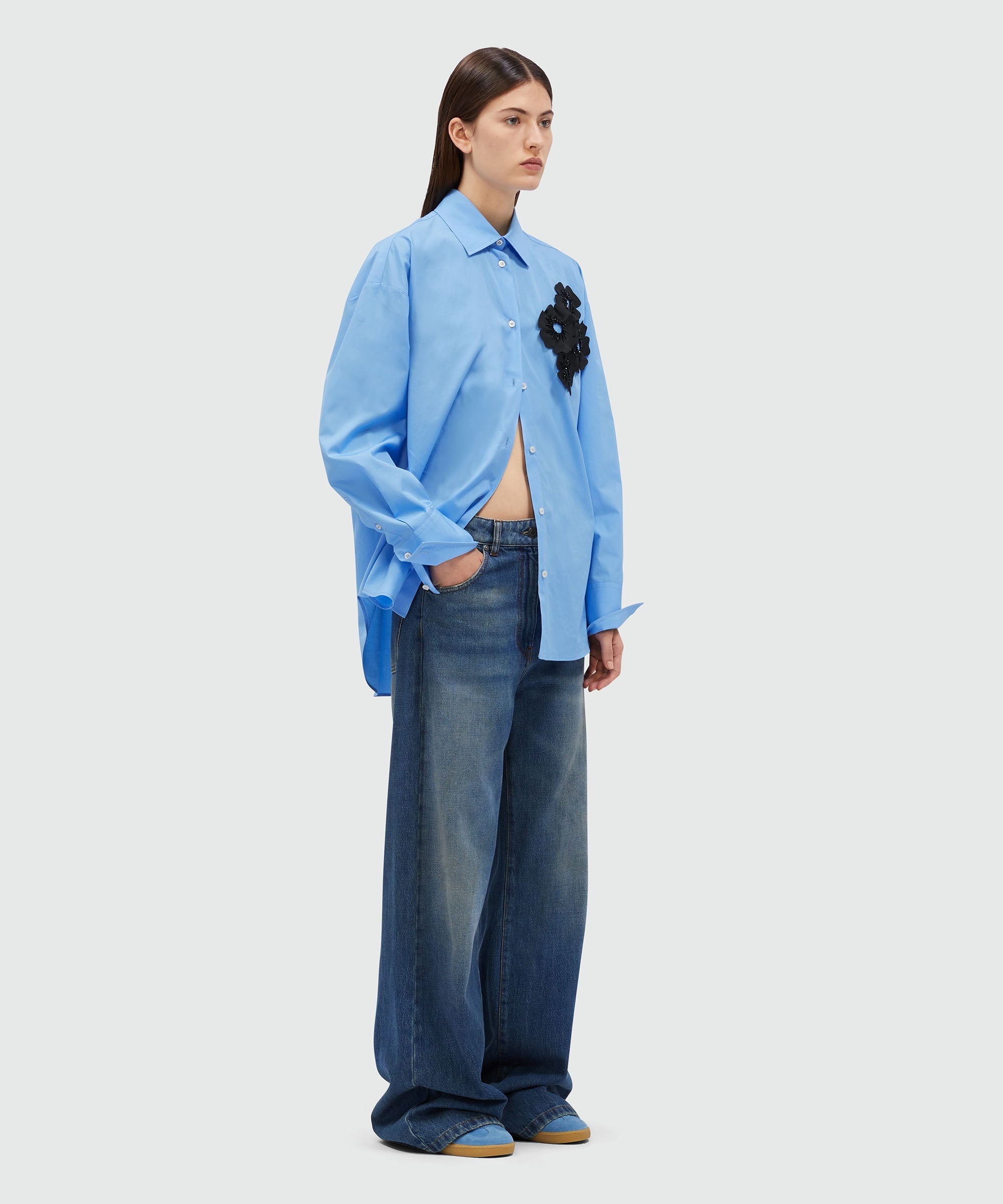 Light blue poplin shirt with floral applications - 4