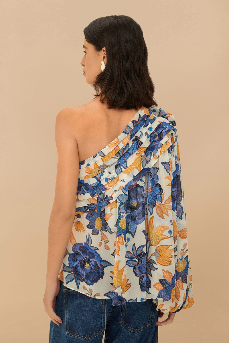 Off-White Summer Flowers 3D Rose One-Shoulder Blouse 3