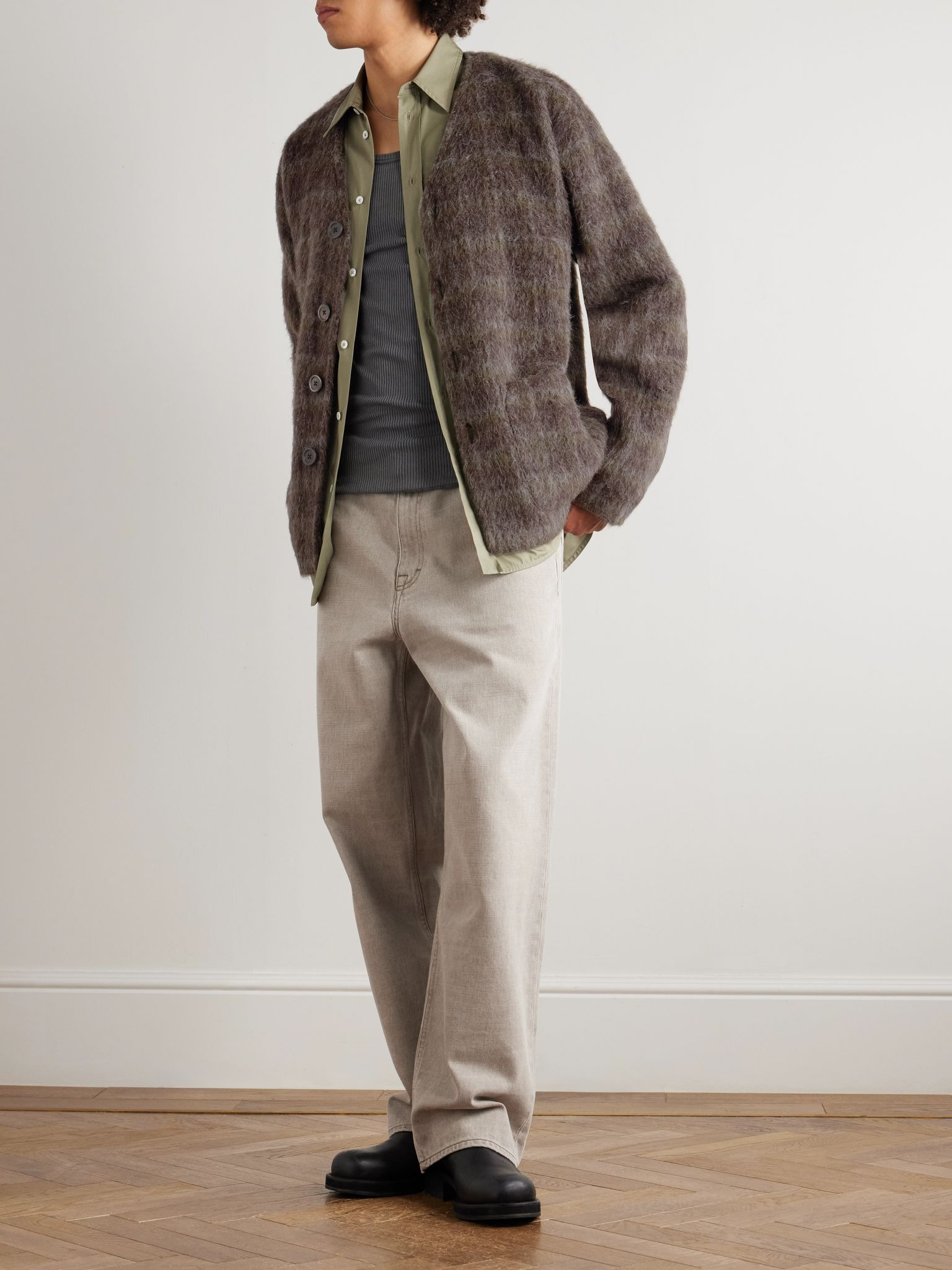Checked Brushed-Knit Cardigan Brown - 2