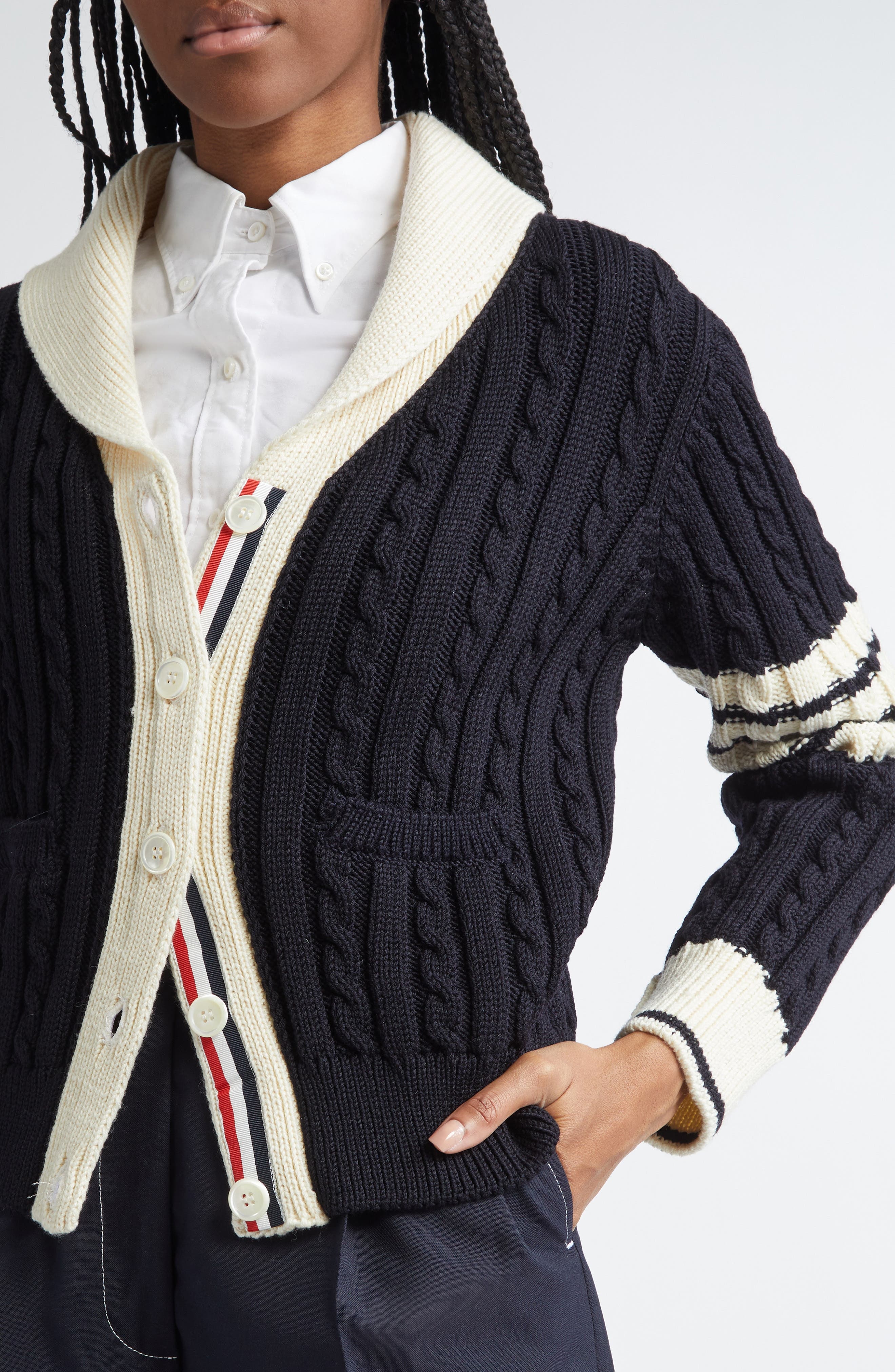 Thom Browne 4-Bar Cable Knit Virgin Wool Shawl Cardigan in Navy at Nordstrom - 5