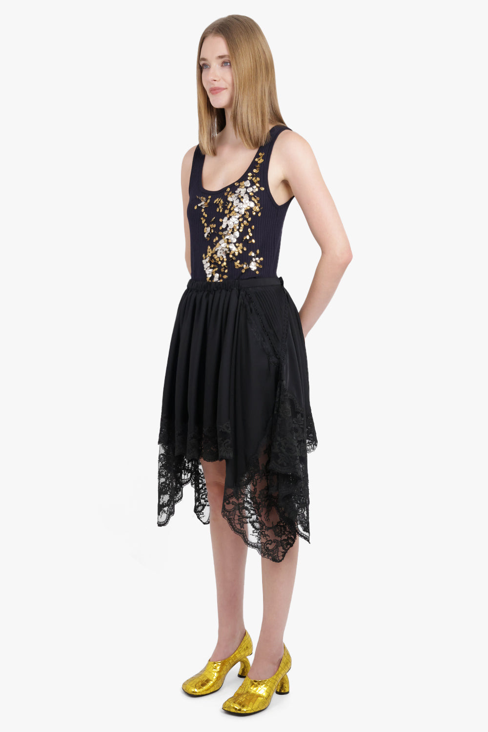LACE DETAIL ASYMMETRIC MINI X MIDI SKIRT | BLACK - 2