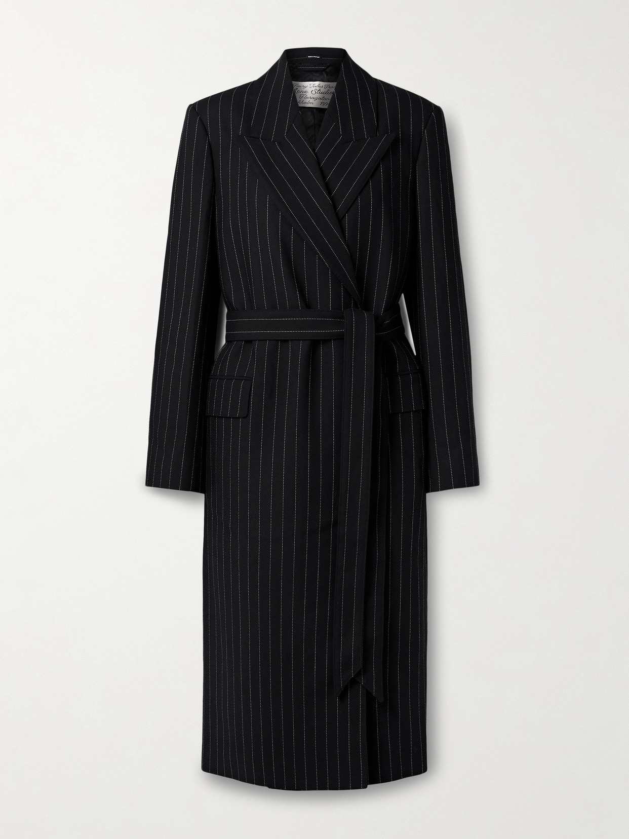 Belted Pinstriped Wool Coat - 1