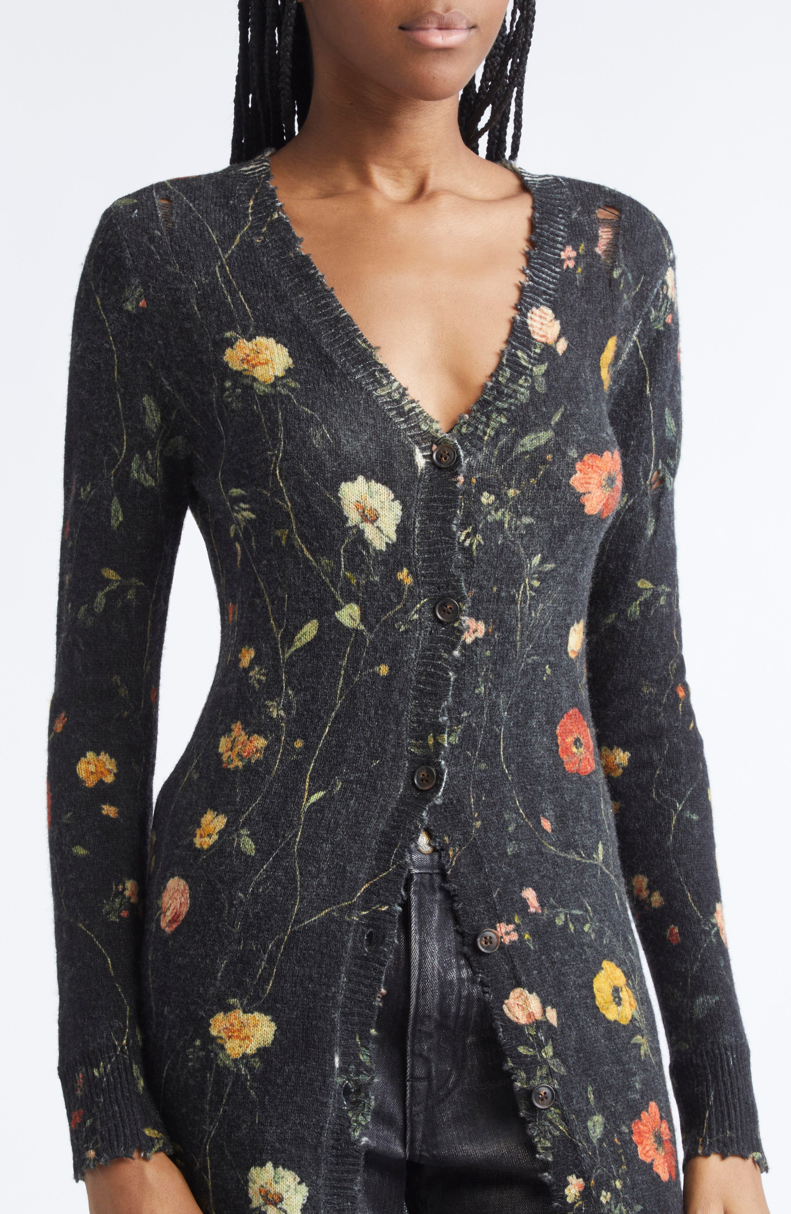 R13 Floral Skinny Long Merino Wool Cardigan in Floral On Black at Nordstrom - 5