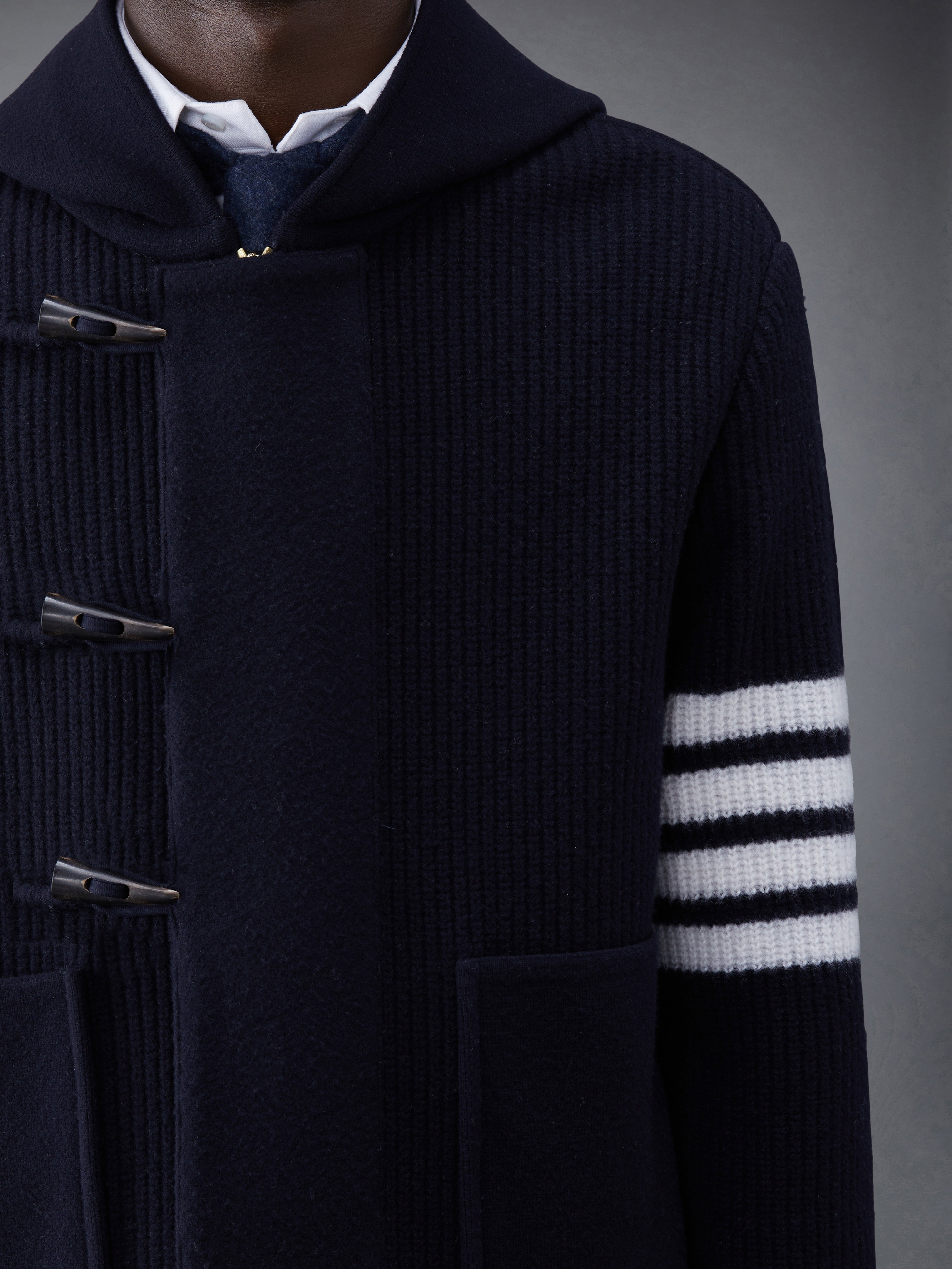 Boiled Wool Half Cardigan Stitch Hooded 4-Bar Duffle Jacket - 6