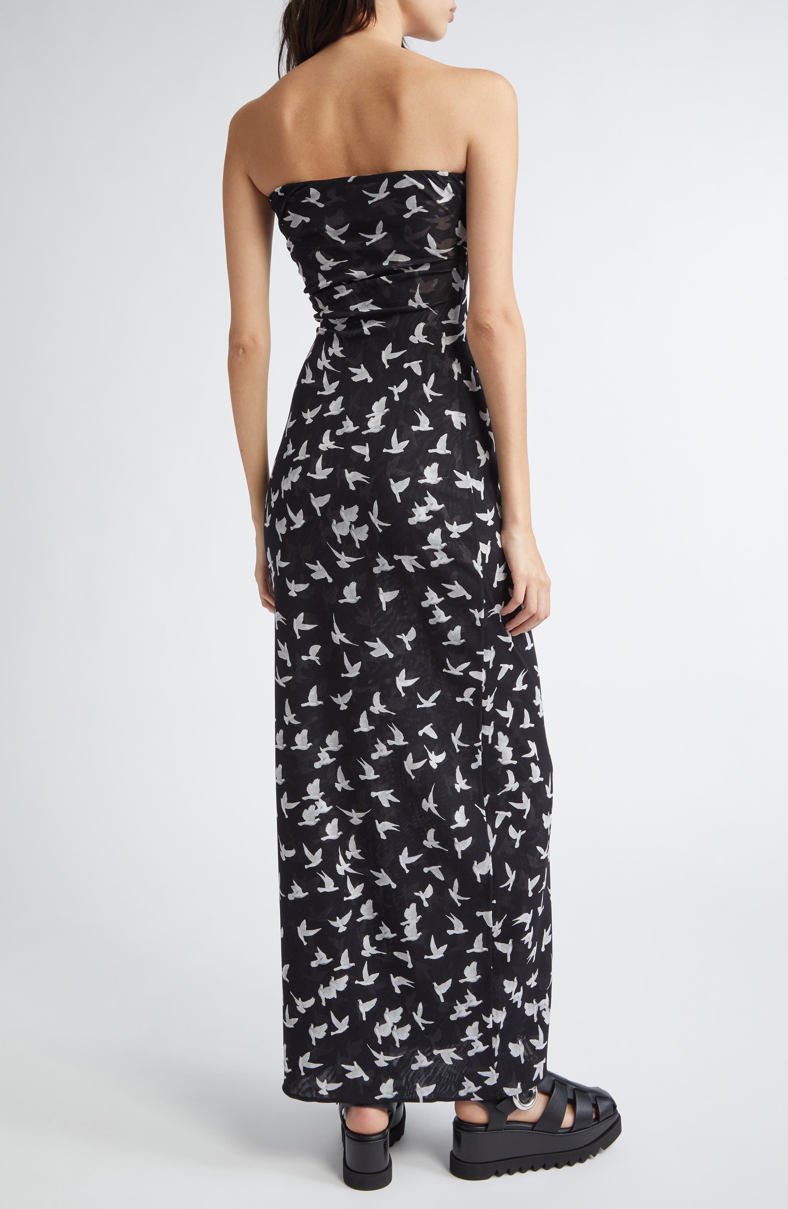 Stella McCartney Flying Bird Haze Gathered Strapless Mesh Dress in Black at Nordstrom - 2