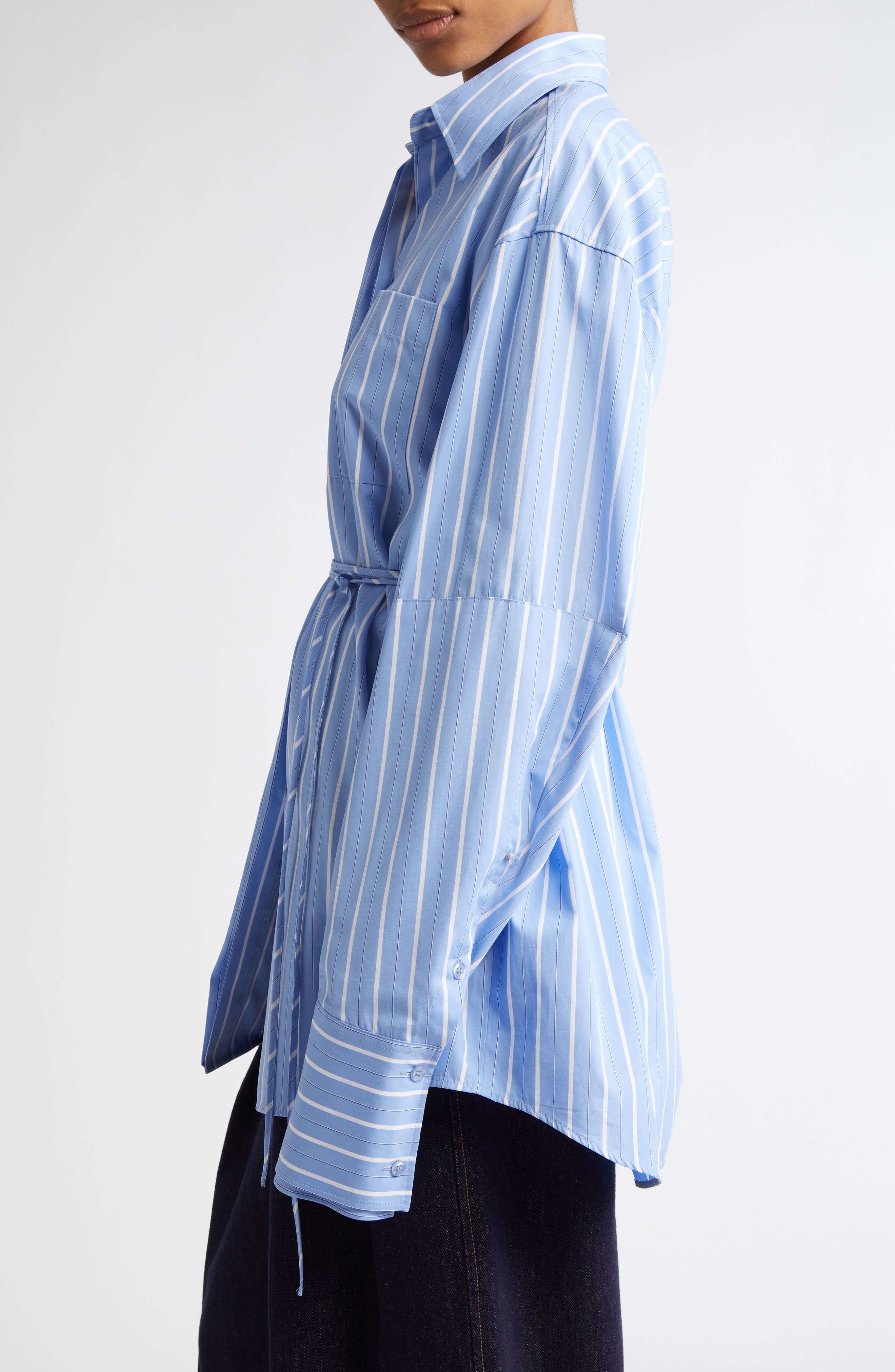 SPORTMAX Firma Stripe Oversize Cotton Button-Up Shirt in Light Blue at Nordstrom - 4