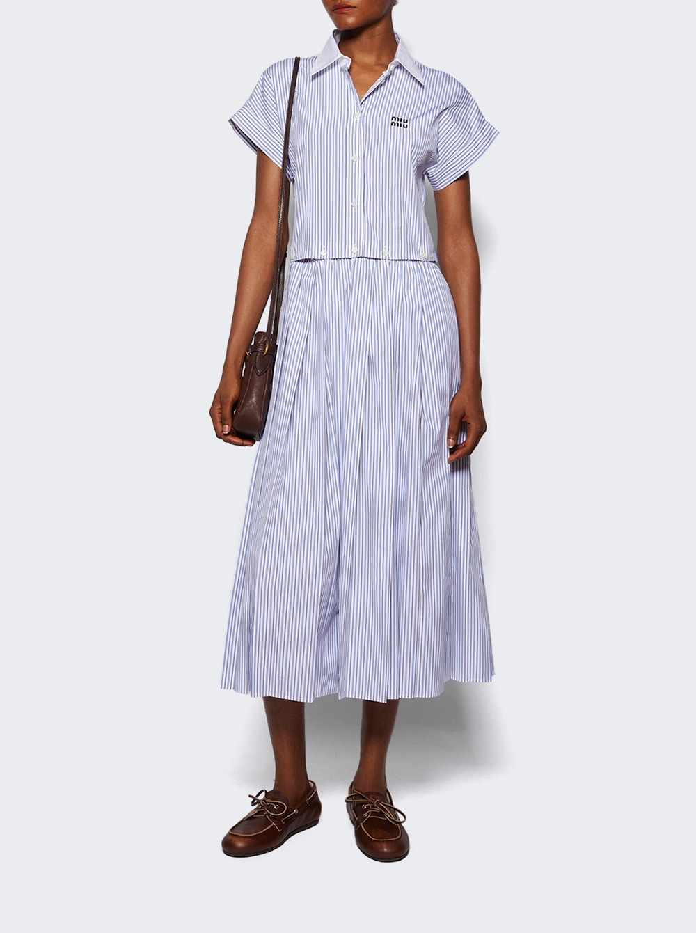 Pleated Striped Poplin Midi Dress Bianco And Celeste - 5