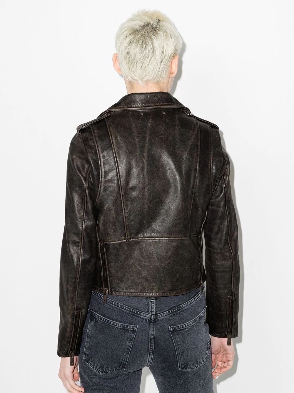 distressed-effect leather biker jacket - 3