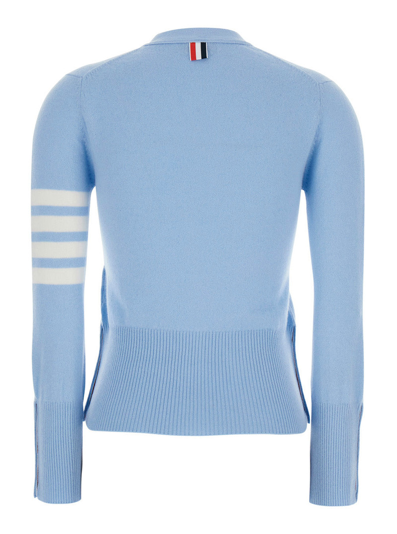 Thom Browne V-Neck Cardigan with 4Bar Logo on Sleeve in Blue Cashmere for Women Light Jersey outlook