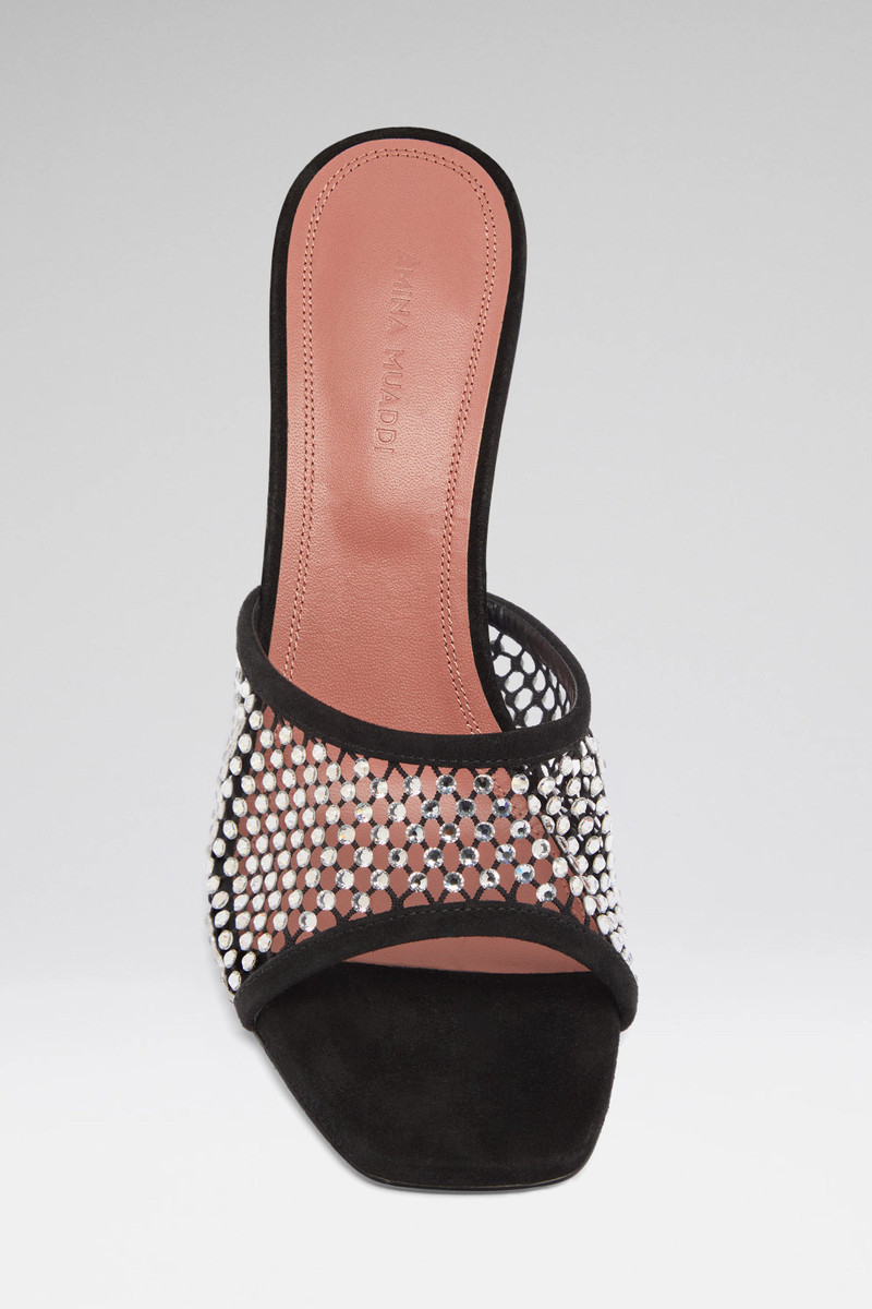 Amina Muaddi LUPITA CRYSTAL NET SLIPPER BLACK SUEDE AND WHITE CRYSTALS outlook