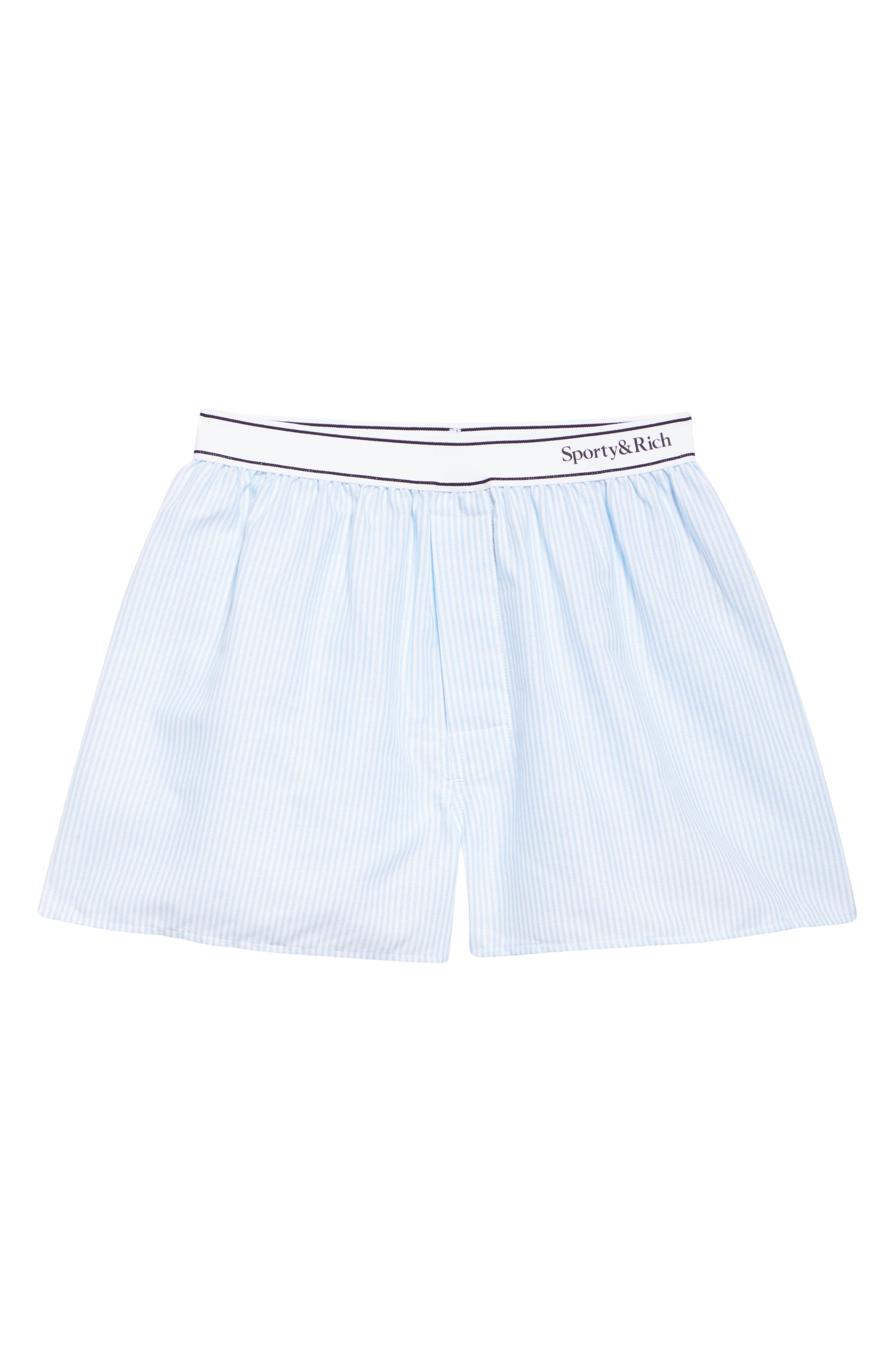 Sporty & Rich Serif Logo Oxford Boxer Shorts in Blue/White Thin Stripe at Nordstrom - 6