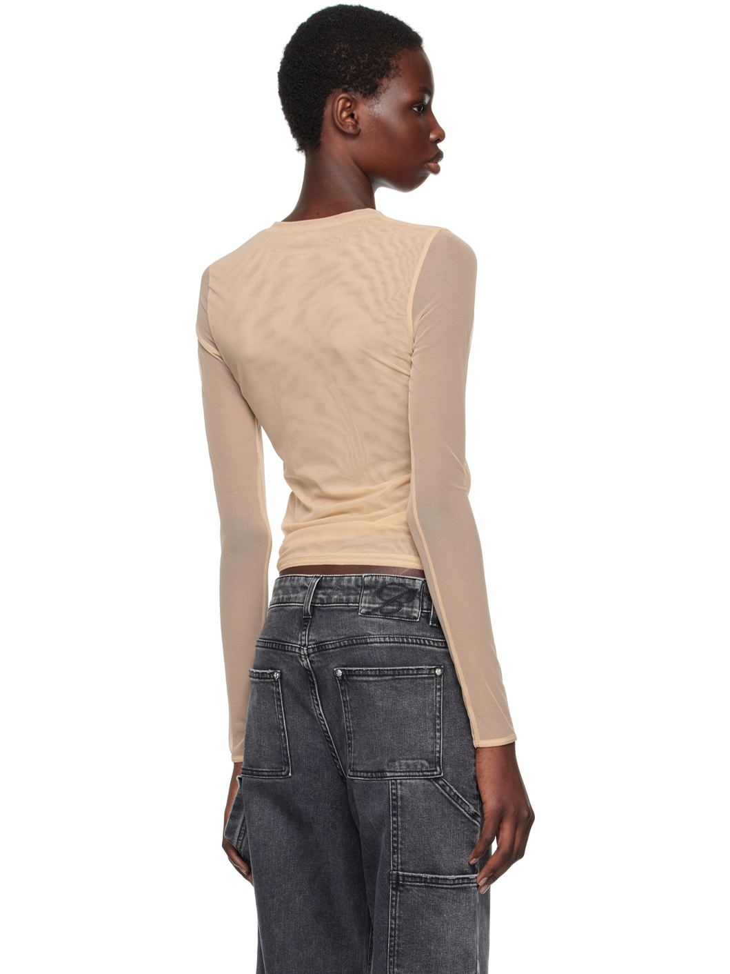 Beige Embroidery Rhinestone Long Sleeve T-Shirt - 3