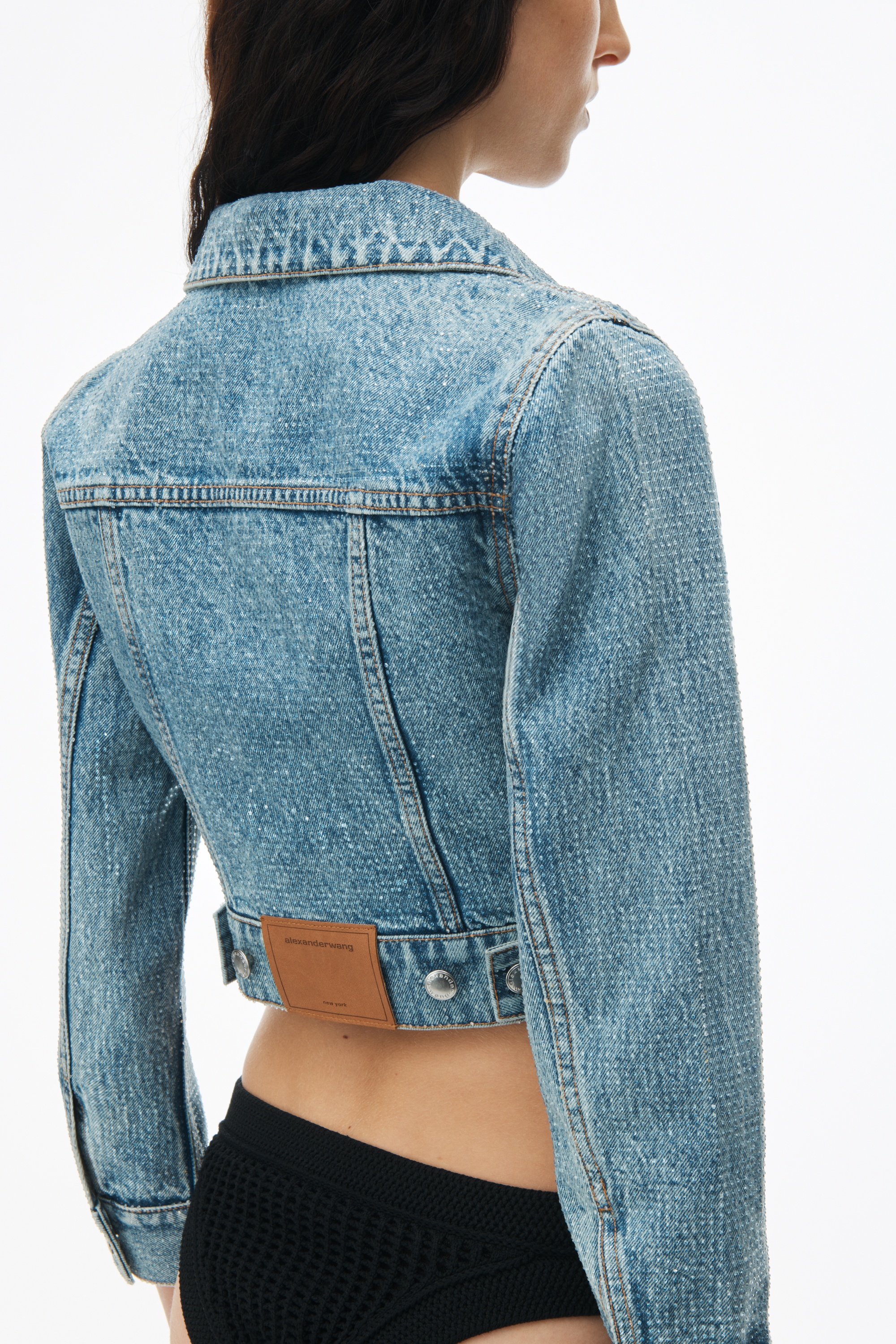 Cropped Denim Trucker Jacket in Clear Hotfix - 5