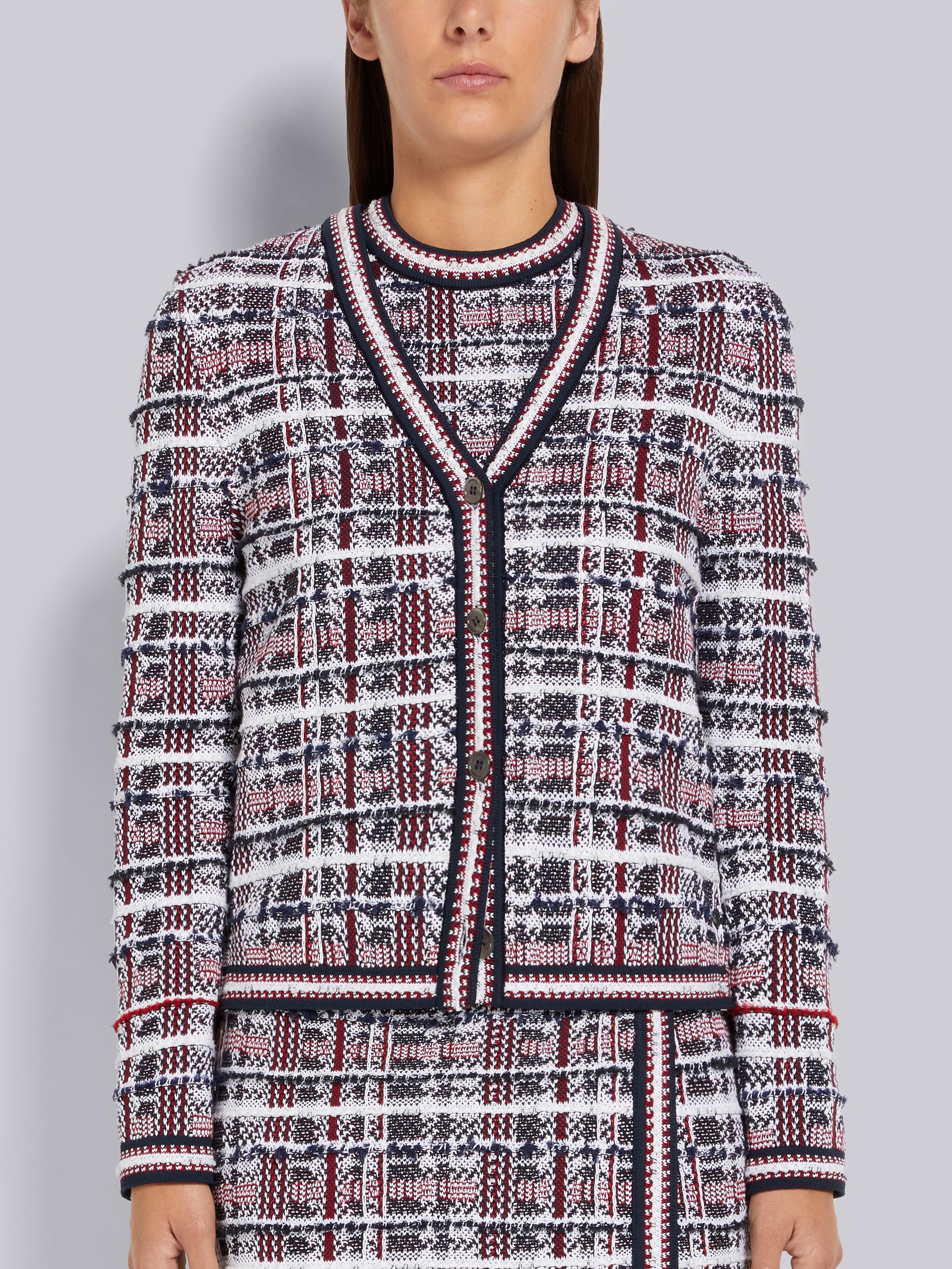 Multicolor Hairline Madras Check Jacquard Stripe Inlay V-Neck Cardigan - 1